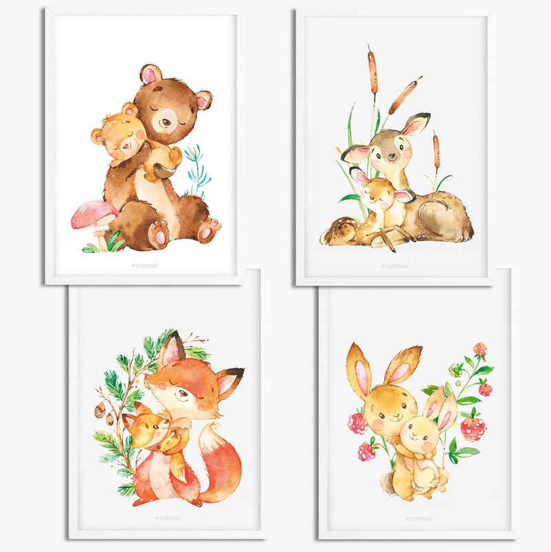 Sunnywall Poster Poster Kinderzimmer Waldtier Familie (4er Set), Waldtier Familie (Set, 4 St), Poster