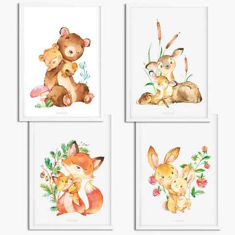 Sunnywall Poster Poster Kinderzimmer Waldtier Familie (4er Set), Waldtier Familie (Set, 4 St), Poster