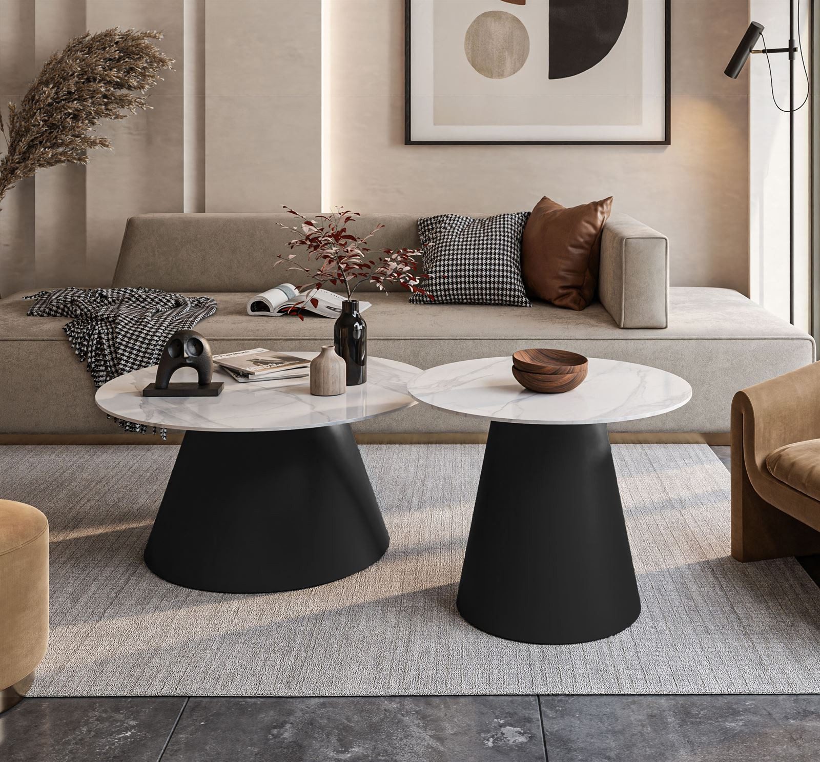 Lookway Couchtisch CARTELLE 2in1 Runder Sofatisch mit Tischplatte in Hochglanz (2er- Set), Durchmesser: ⌀70 cm und ⌀50 cm