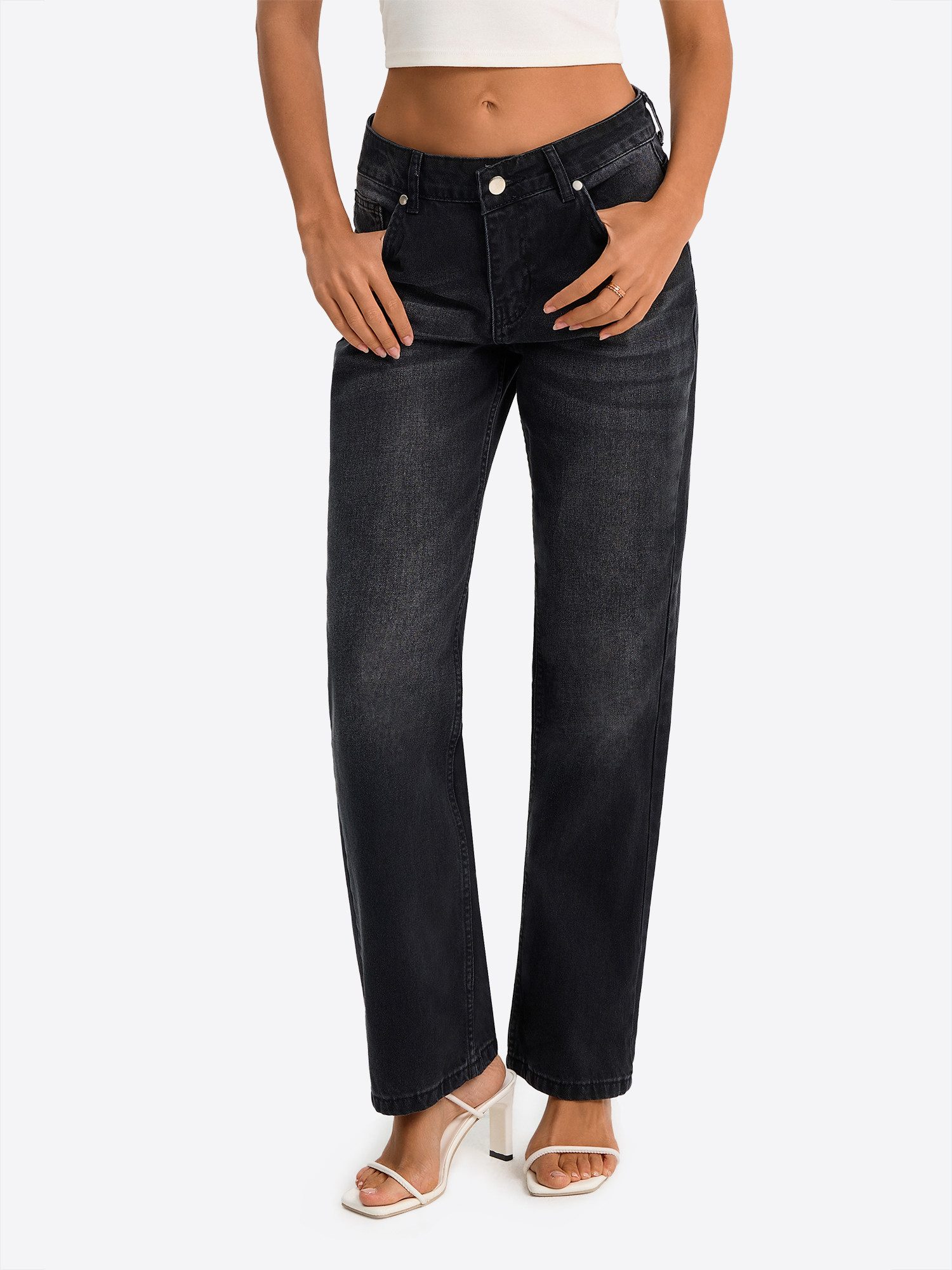 Imily Bela Loose-fit-Jeans Damen Hochgeschnittene Jeans mit weitem Bein (Packung, 1-tlg., 1per-Pack) aus Baumwolle