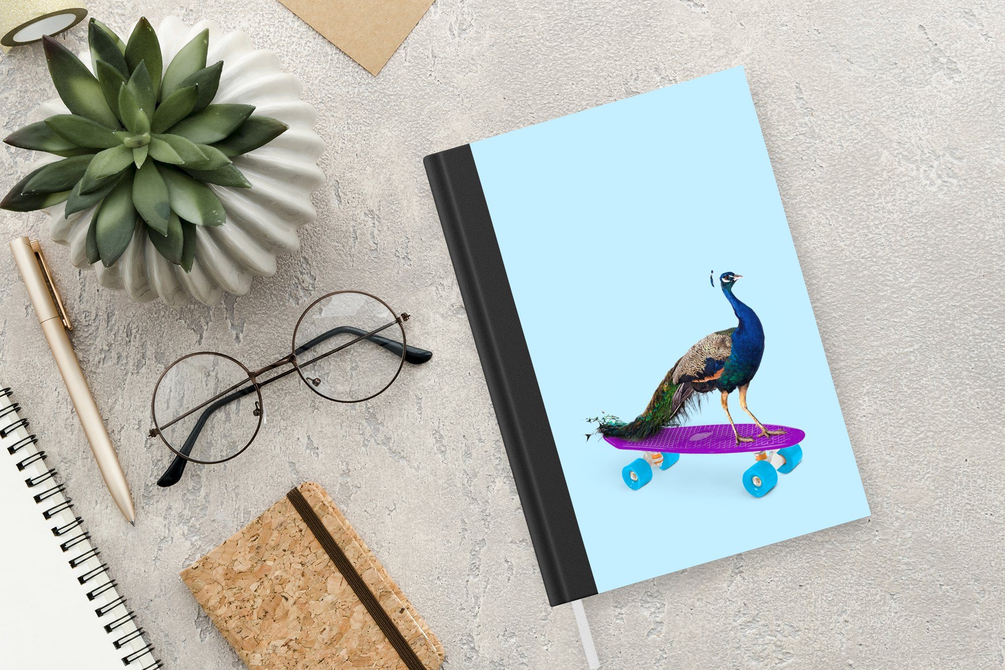 - Skateboard Tiere - Haushaltsbuch Merkzettel, Pfau Notizheft, Blau MuchoWow Tagebuch, - Seiten, - Journal, 98 Lustig, A5, Notizbuch