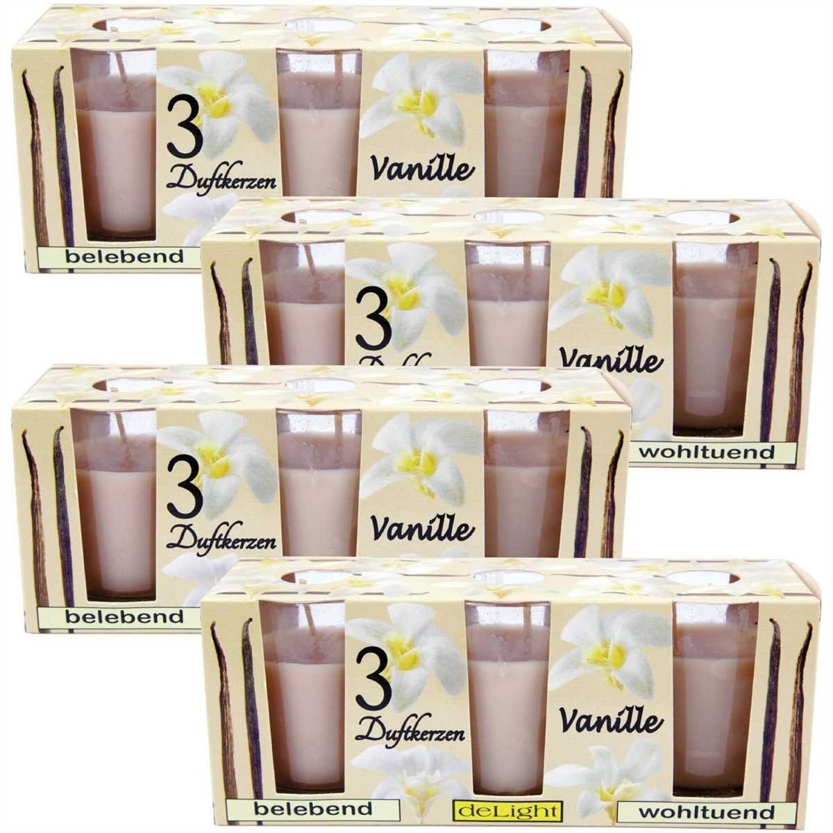 HS Candle Duftkerze Set im Glas (12-tlg), Vanille, süße Duftnote, Ø4,5x6,5 cm, bis zu 12h Brenndauer je Kerze