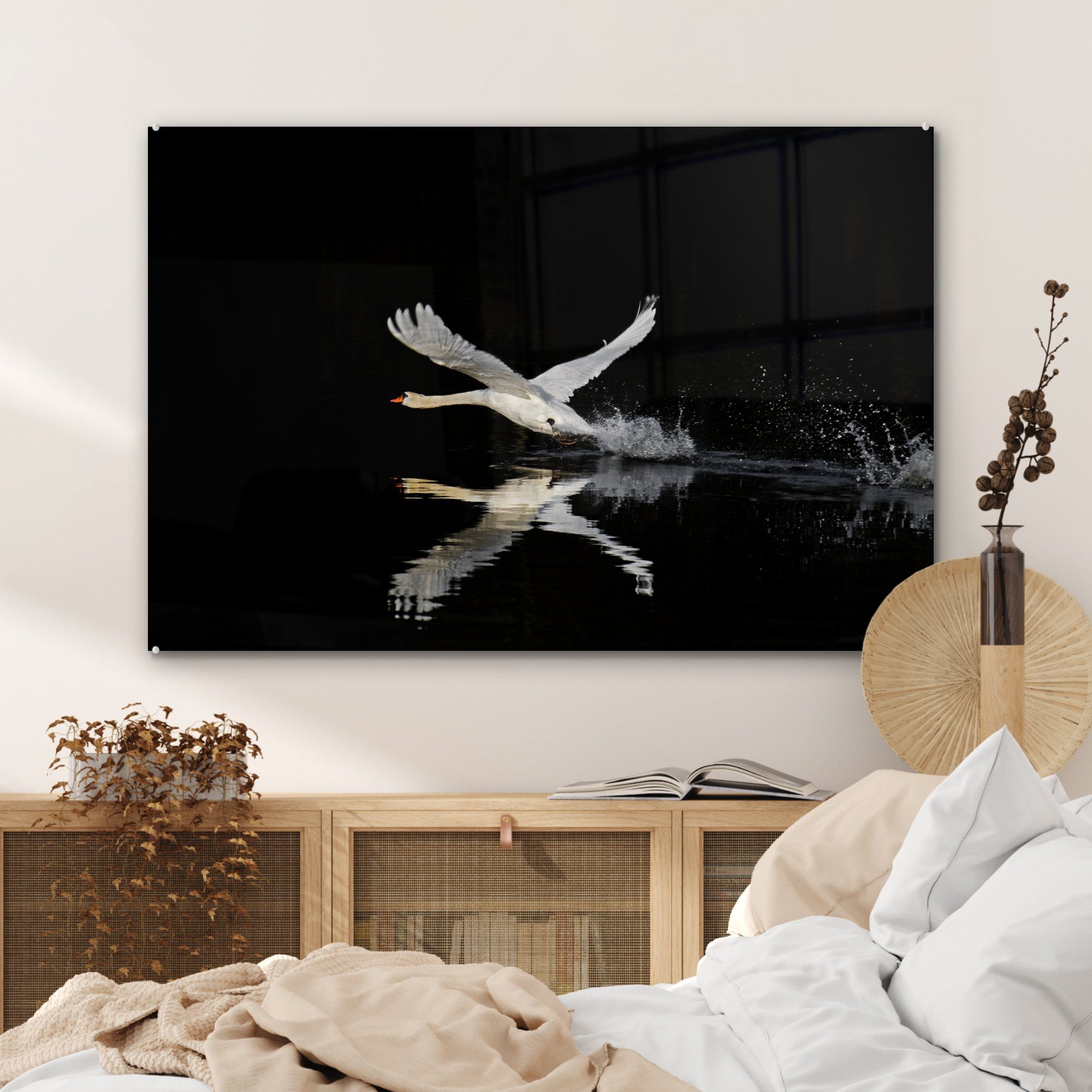 MuchoWow Acrylglasbild Schwan fliegt über Schlafzimmer (1 das Wasser, & schwarze St), Wohnzimmer Acrylglasbilder