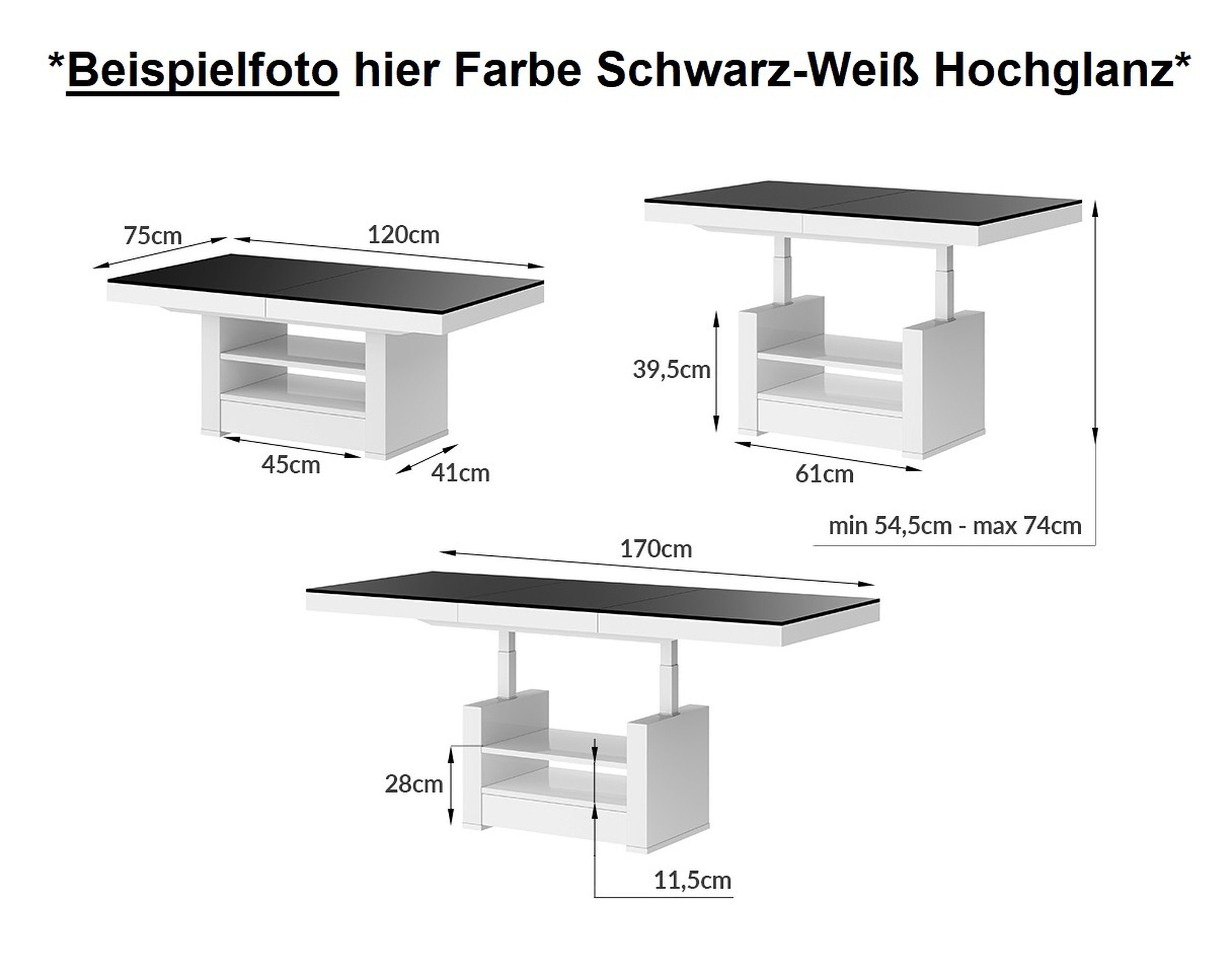 Hochglanz Hochglanz Schublade ausziehbar designimpex HLM-111 / Schwarz Weiß höhenverstellbar Couchtisch Hochglanz Weiß-Schwarz