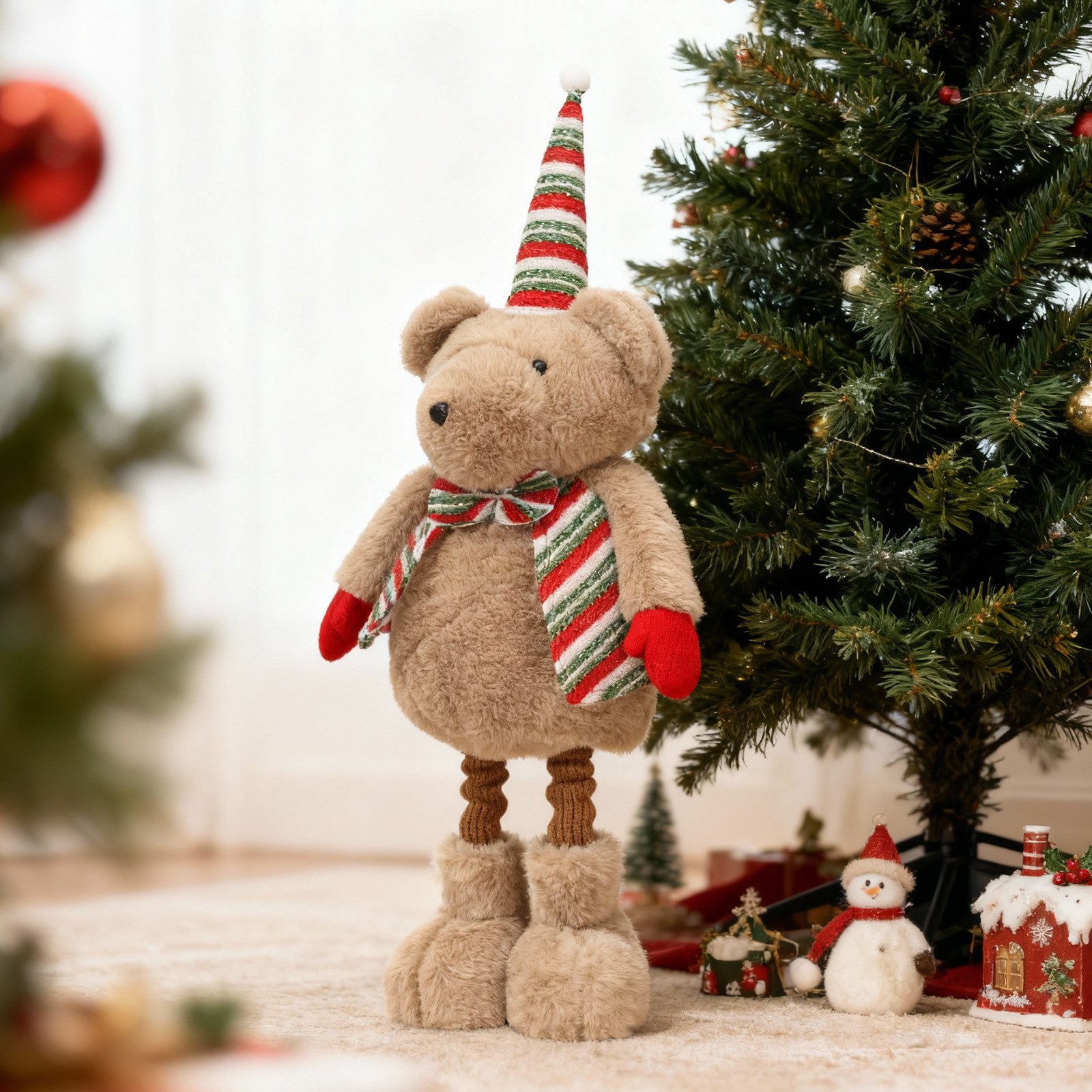 Salcar Weihnachtsfigur Stehende Weihnachtsdeko Plüsch-Bär mit verstellbaren Teleskopbeinen, 55–70 cm, perfekt für Kamin, Fensterbank oder unter dem Weihnachtsbaum