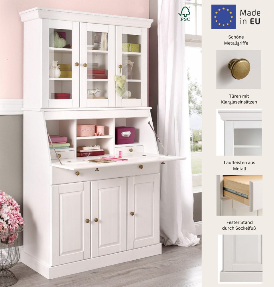 OTTO home Sekretär Rosi im Landhausstil, Schreibtisch aus Massivholz, mit Vitrine, in 2 Breiten