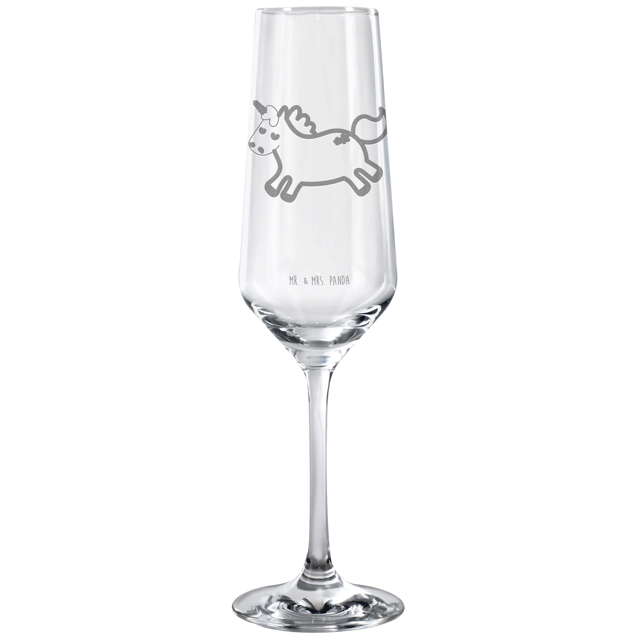 Mr. & Mrs. Panda Sektglas Einhorn Happy - Transparent - Geschenk, Lächeln, Spülmaschinenfeste S, Premium Glas, Hochwertige Gravur