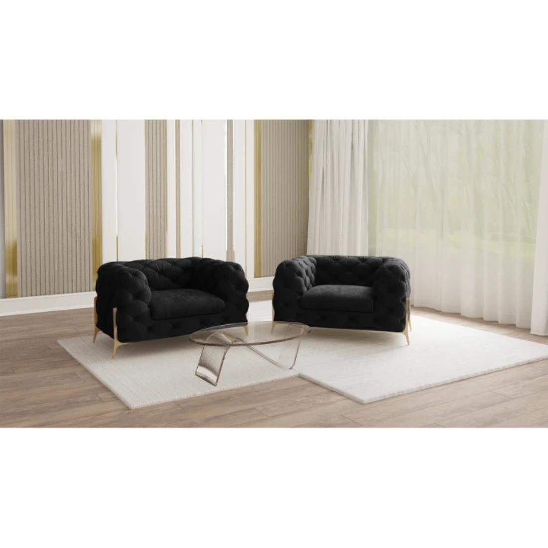 S-Style Möbel Goldene Chesterfield-Sessel mit Wellenfederung Metall Schwarz mit Ashley Füßen