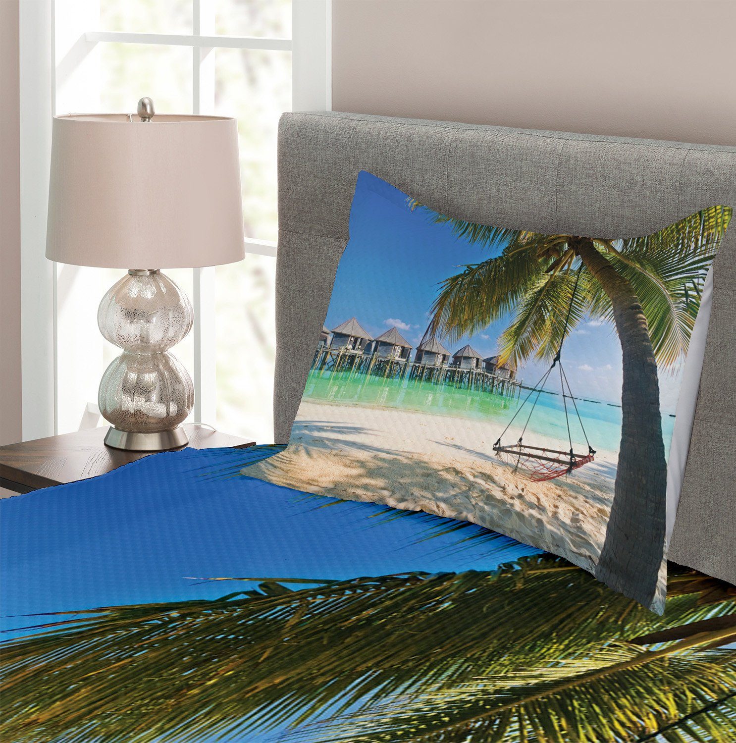 Tagesdecke Set mit Kissenbezügen Coast Strand Abakuhaus, Waschbar, Tropical Karibik