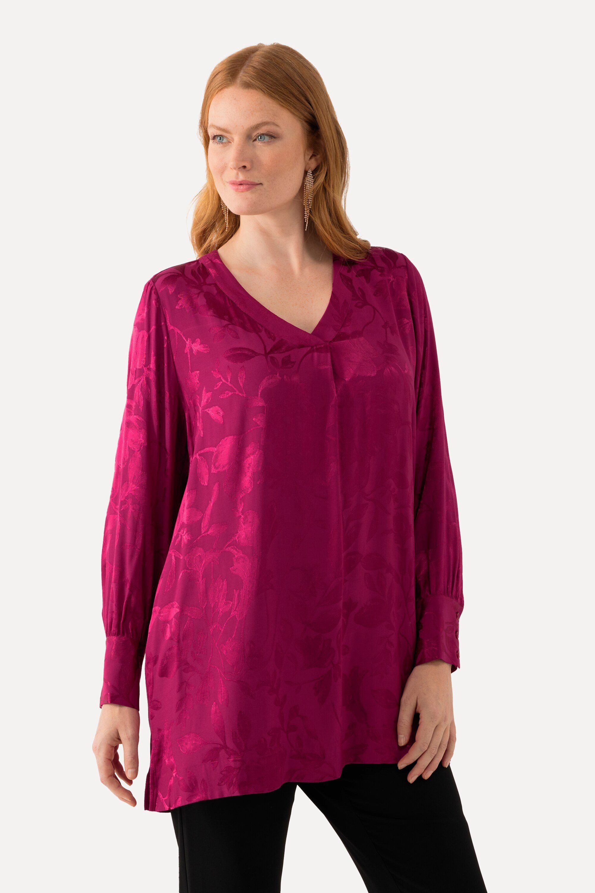 Ulla Popken Satinbluse Bluse florales Jacquardmuster V-Ausschnitt Langarm magenta