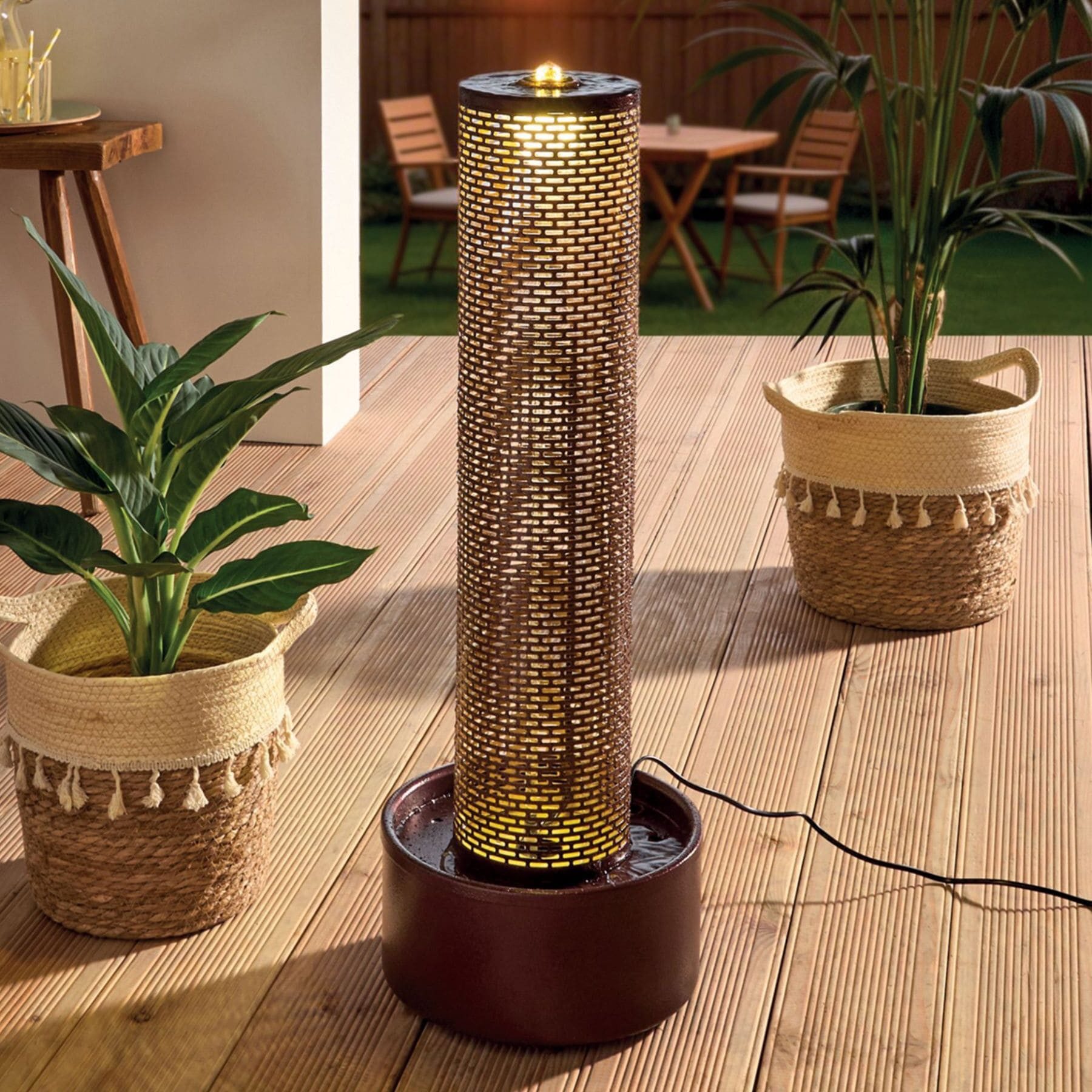 Frank Flechtwaren Zierbrunnen "Burgundy" Outdoor Brunnen Metall in rotbraun / gold, LED Beleuchtung, Springbrunnen 75 cm hoch, Gartenbrunnen