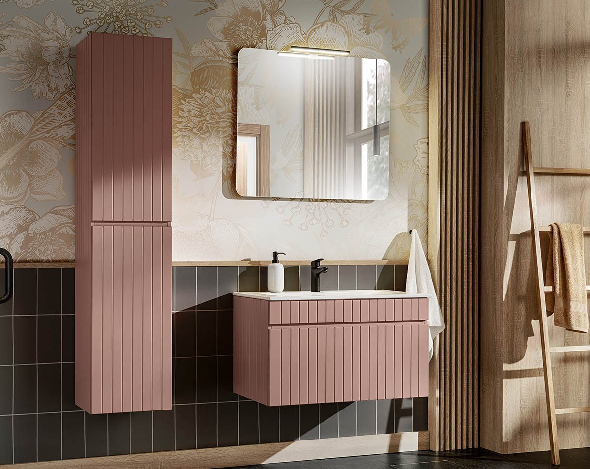 einfachgutemoebel Waschtisch-Set Badezimmer ROSINA 80cm Set 3tlg., mit Einbaubecken, rosé-weiß, (Badmöbel Set, 1-St., Waschtisch Set)