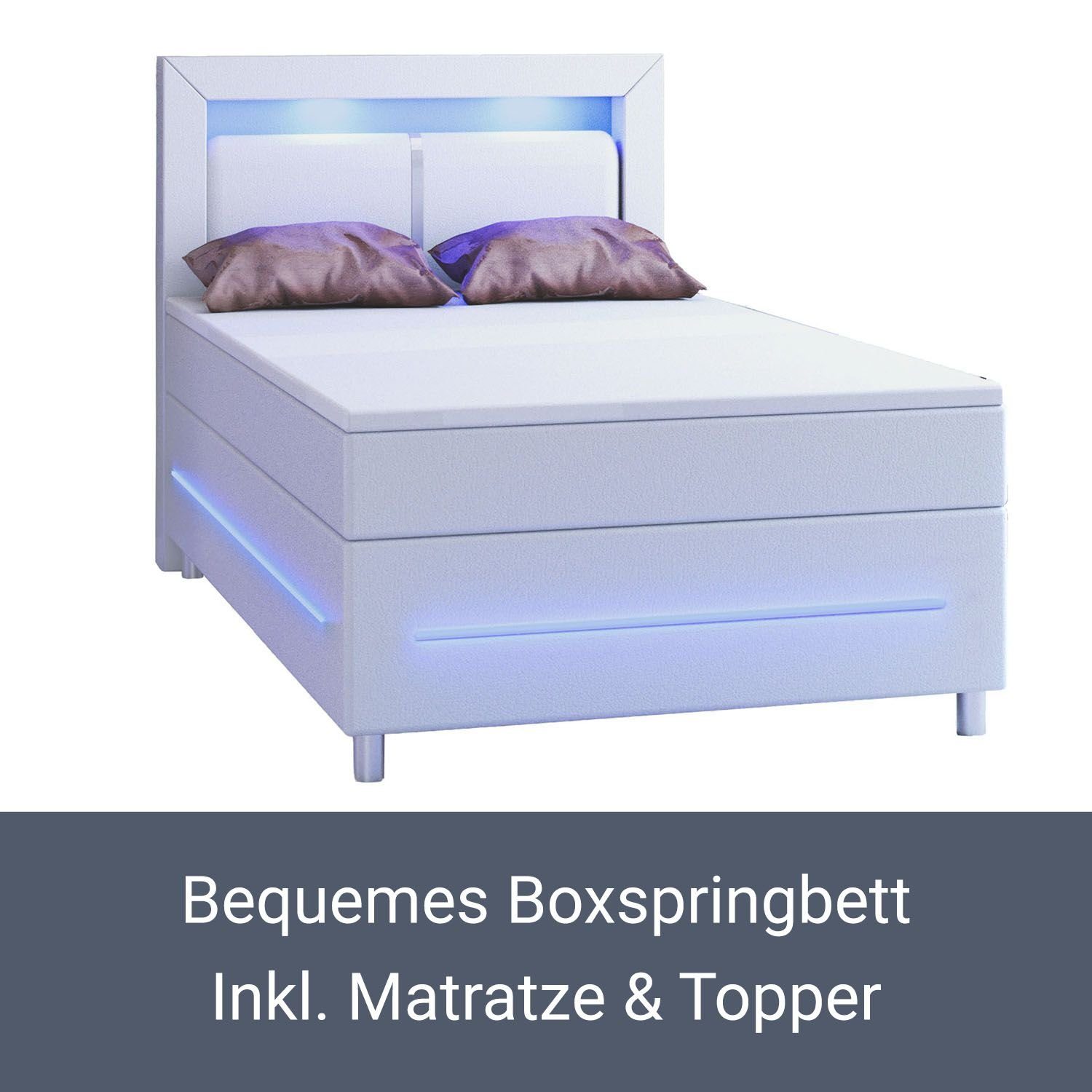 Federkernmatratze, mit Norfolk, 120 x cm, und Bett 200 Kopfteil LED-Beleuchtung Topper, Boxspringbett weiß Juskys