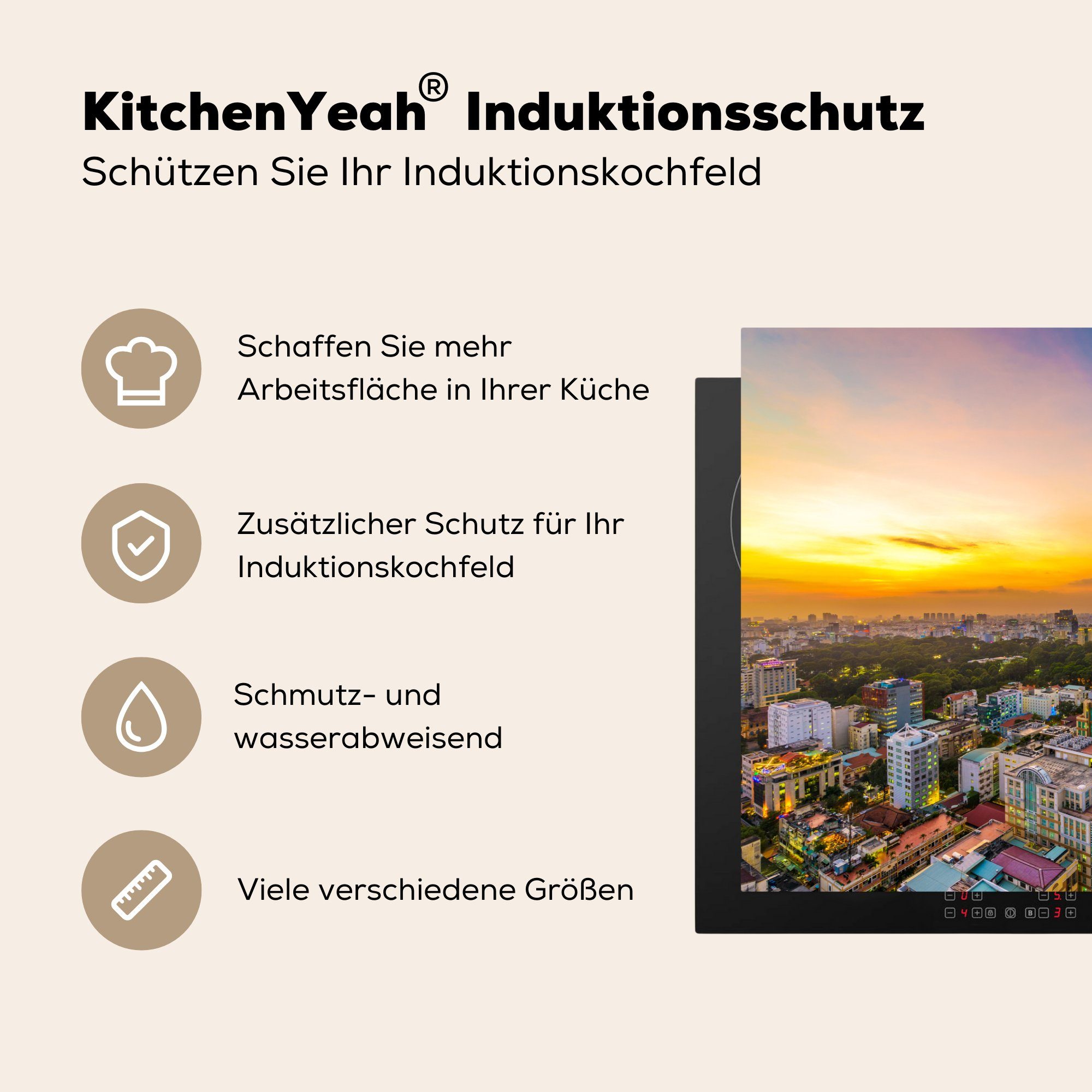 MuchoWow Herdblende-/Abdeckplatte Vinyl, Schutz Induktionskochfeld Ceranfeldabdeckung küche, tlg), für cm, die Ho-Chi-Minh-Stadt Himmel (1 81x52 in über Farben Vietnam, am