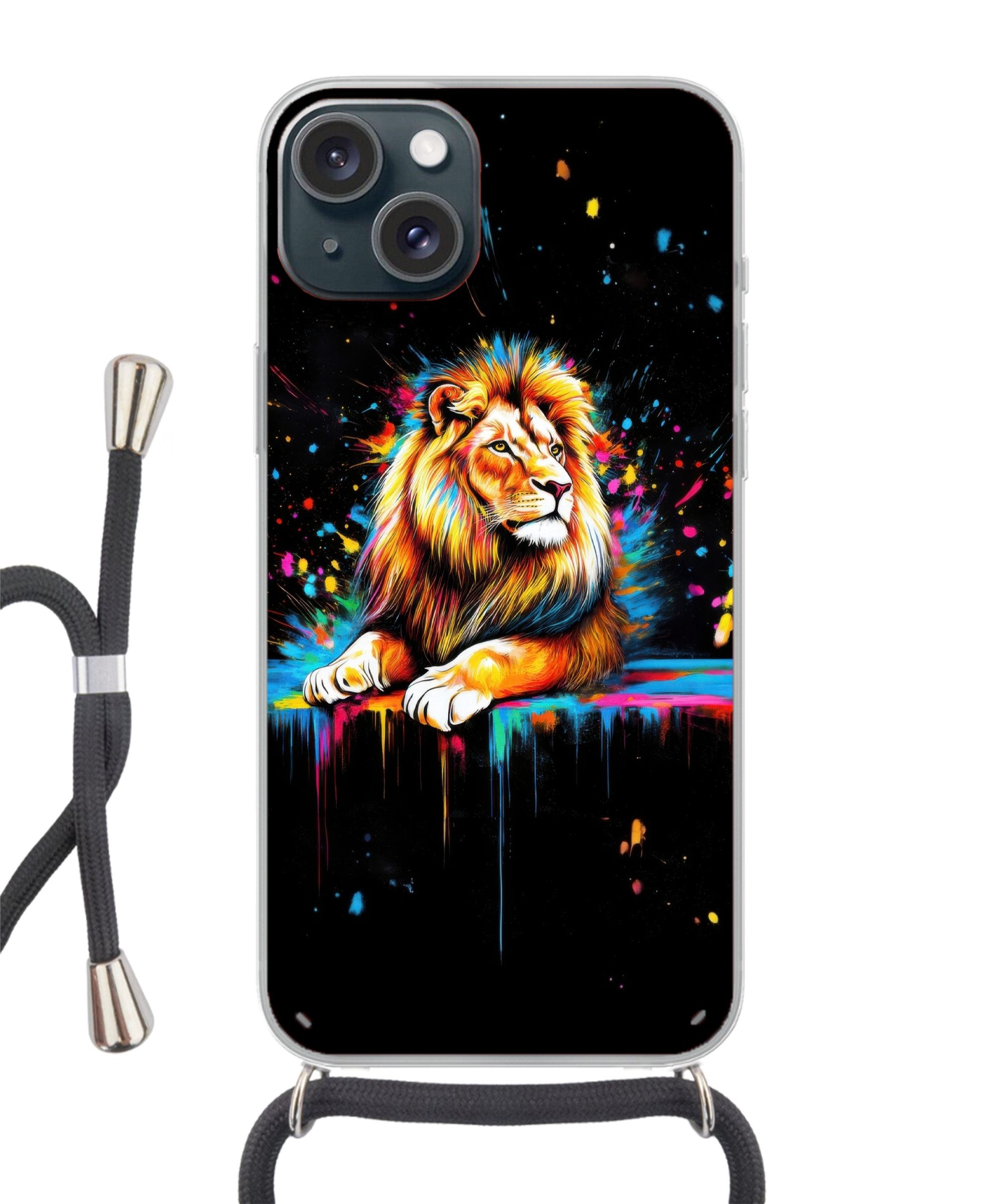 MuchoWow Handyhülle für Apple iPhone 15 Löwe - Bunt - Spritzer, Tragbare Handyhüllen mit Kette zum umhängen, Handykette Handyband