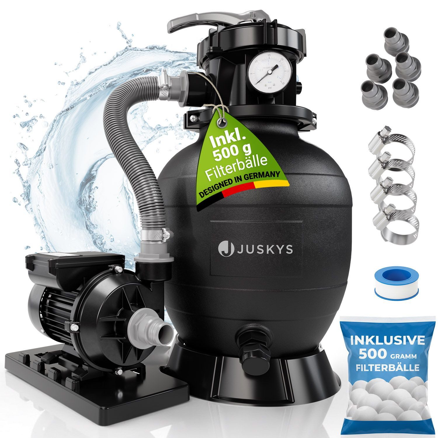 Juskys Sandfilteranlage, 7-Wege-Ventil und Filterbälle, bis 38,000l Pools, inkl. 2in1 Adapter