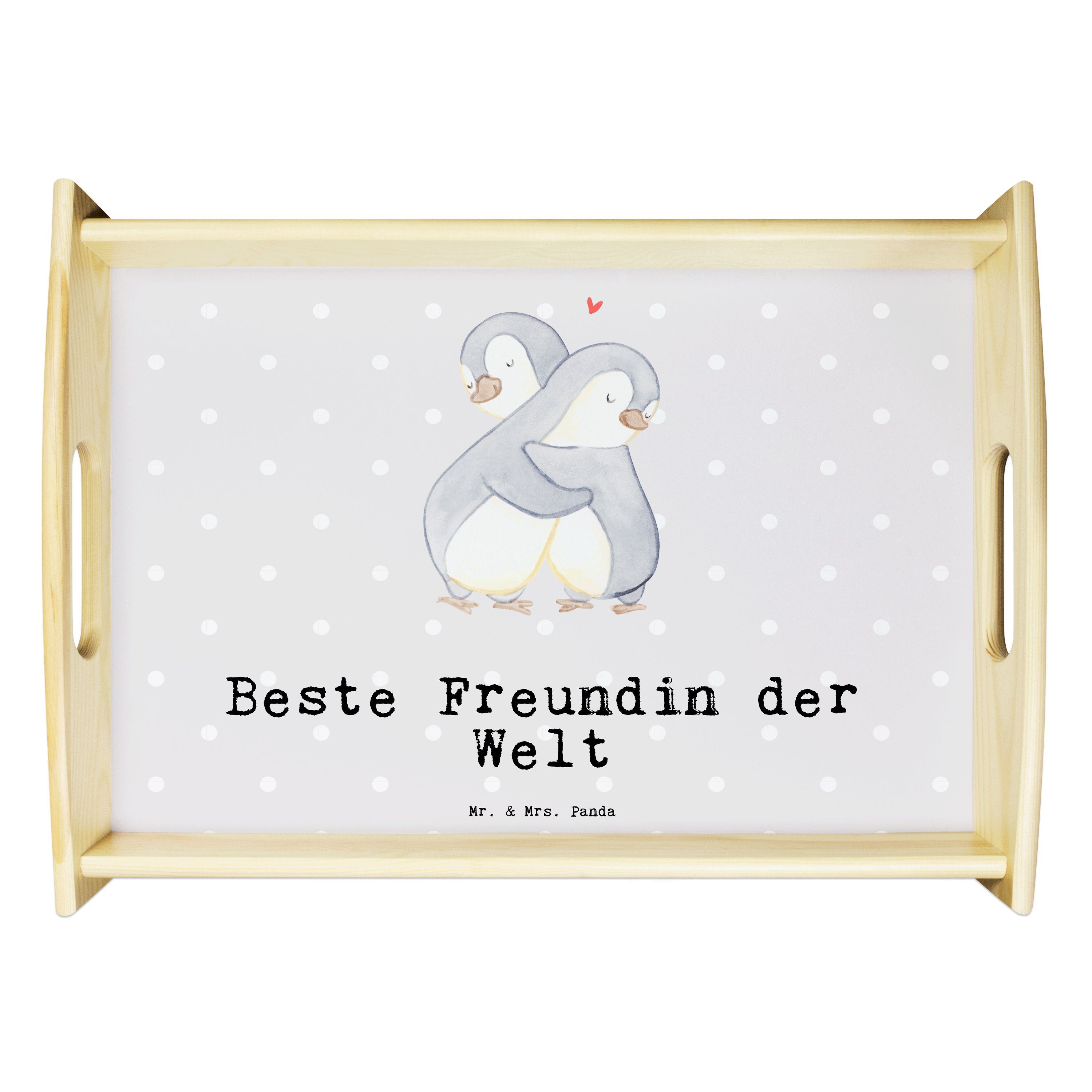 Mr. & Mrs. Panda Tablett Pinguin Beste Freundin der Welt - Grau Pastell - Geschenk, bff, Küche, Echtholz lasiert, (1-tlg)