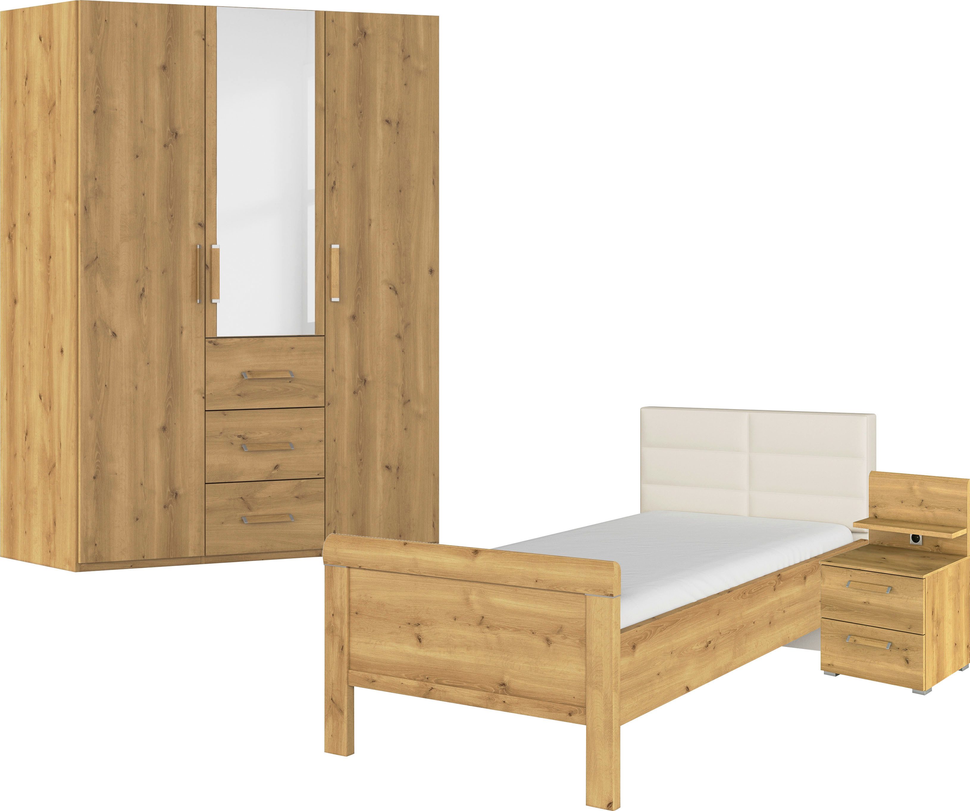 rauch Schlafzimmer-Set Komplettschlafzimmer Schlafzimmer EVELYN, (Set, 3-tlg., inkl. SOFT-CLOSE-FUNKTION), Schrank und Bett in 2 Breiten, Nachttisch mit Paneel MADE IN GERMANY