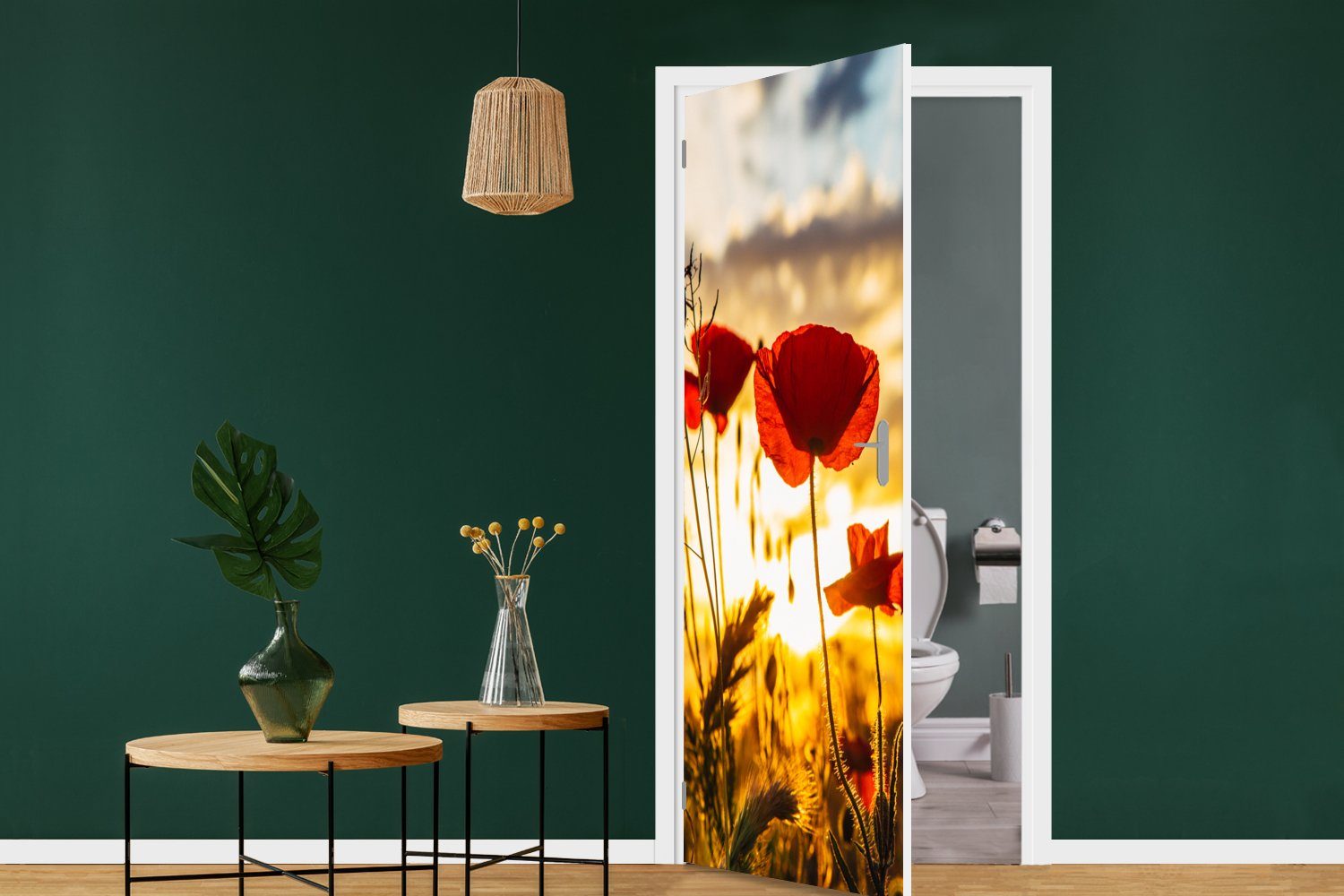 Türaufkleber, Fototapete 75x205 MuchoWow bedruckt, Tür, bei Türtapete Mohnblumen Rote Matt, Sonnenaufgang, (1 cm für St),