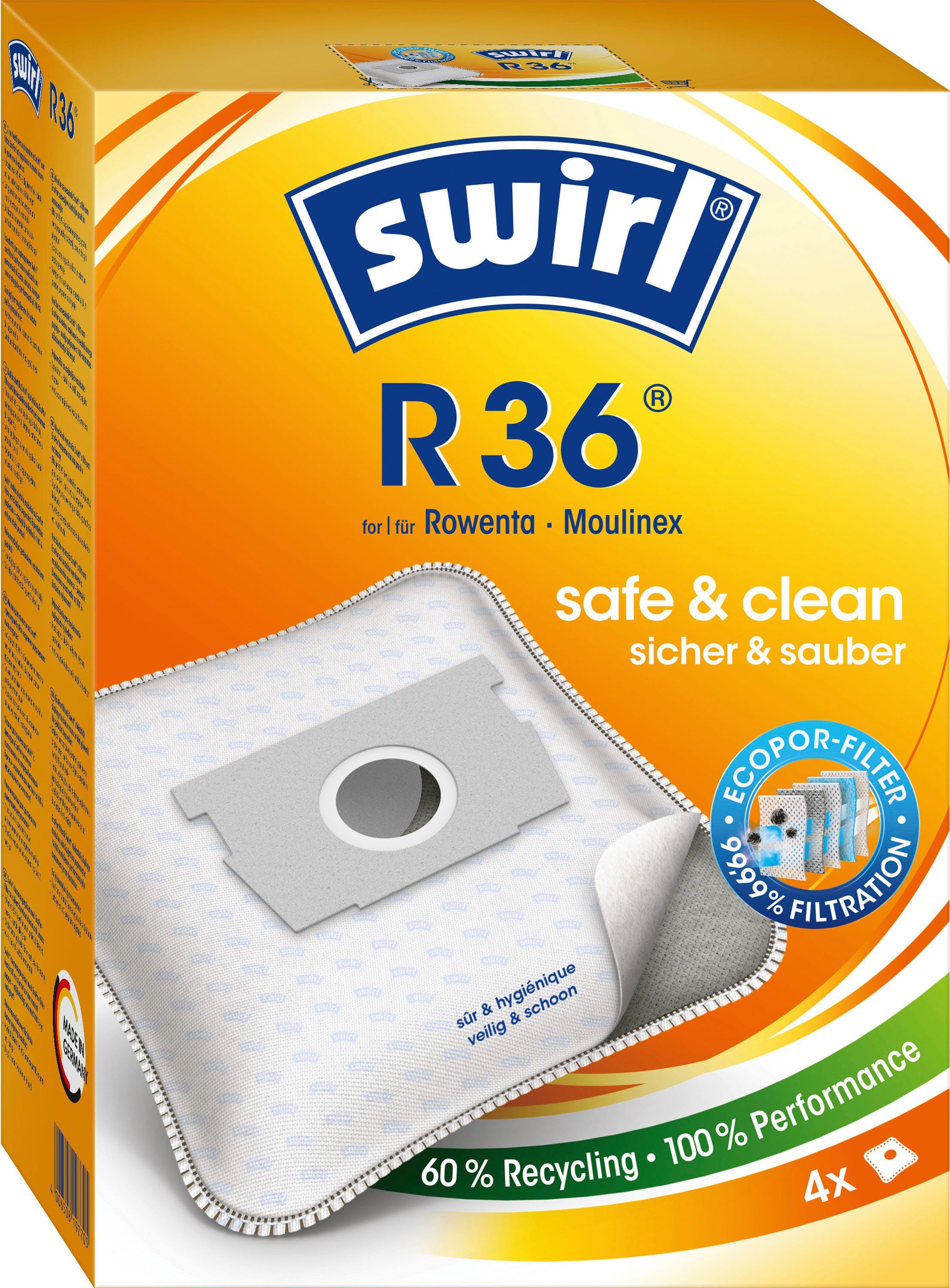 Swirl Staubsaugerbeutel für passend R Rowenta, Pack 36, Moulinex, 4er