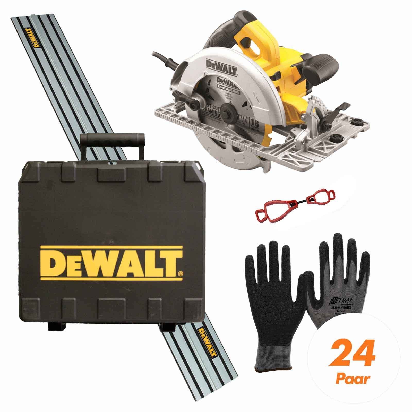 DeWalt Handkreissäge DeWALT Handkreissäge DWE576KR inkl. Führungsschiene 24 Paar Handschuhe