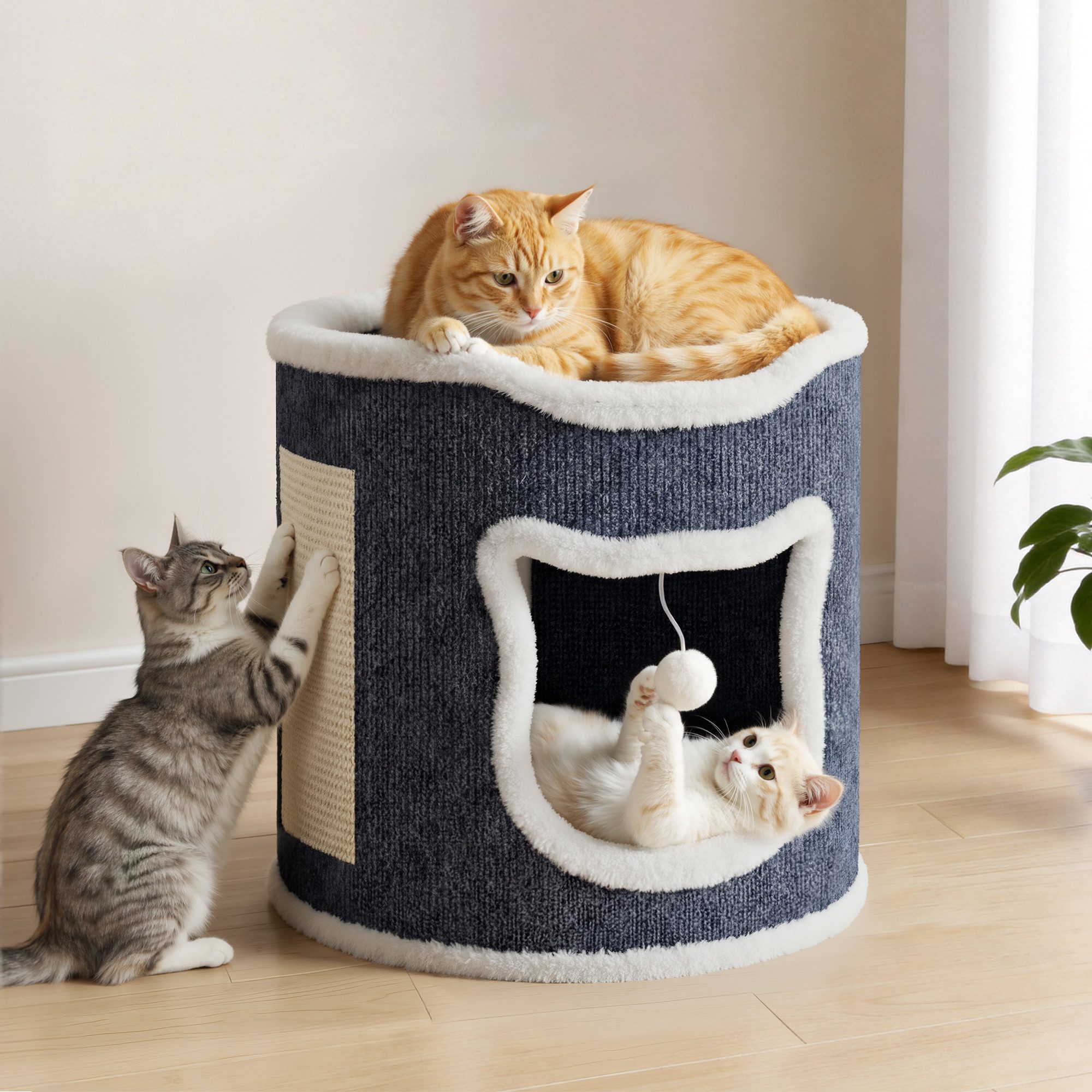 Klyvvo Katzenhaus Großes Katzenhaus, Komfortables Katzenbett, Katzenhöhle, mit Kratzbaum, Spielball, für mittelgroße große Katzen, einlagig