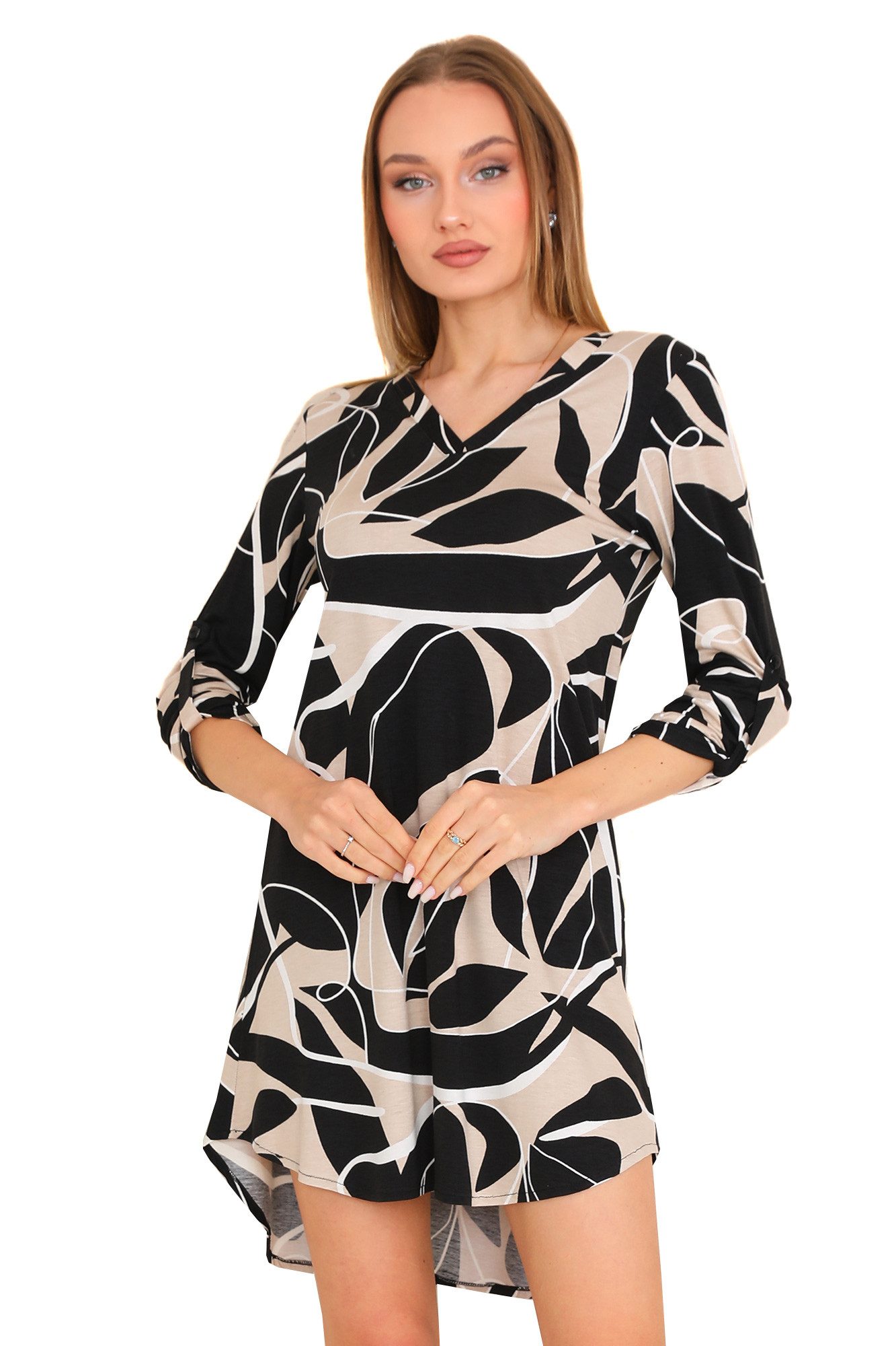 Bongual Longtunika asymmetrisches Tunikakleid Minikleid mit abstraktem Print