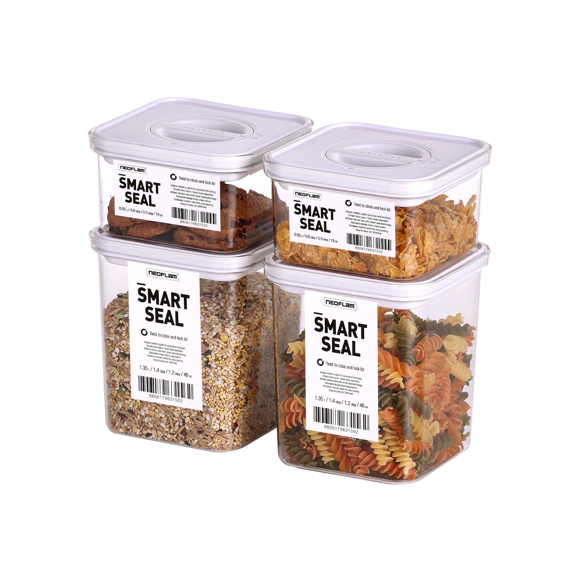 NEOFLAM® Vorratsdose Smart Seal Vorratsbehälter Set 4tlg. - Gr. 2x S, 2x M - Weiß, Kunststoff (AS & PP), Silikon, (4-tlg)