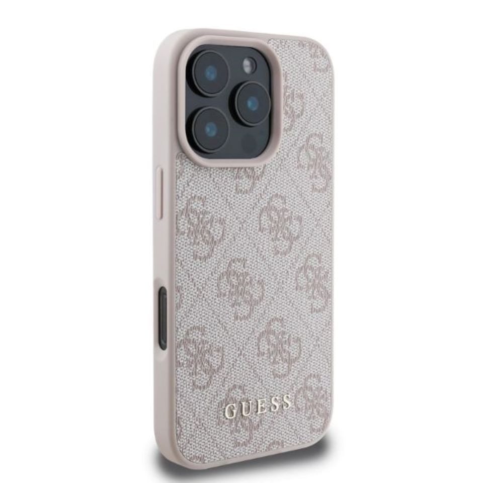 Guess Handyhülle iPhone 16 Pro Max Kunstleder rosa Muster Logo goldfarbig