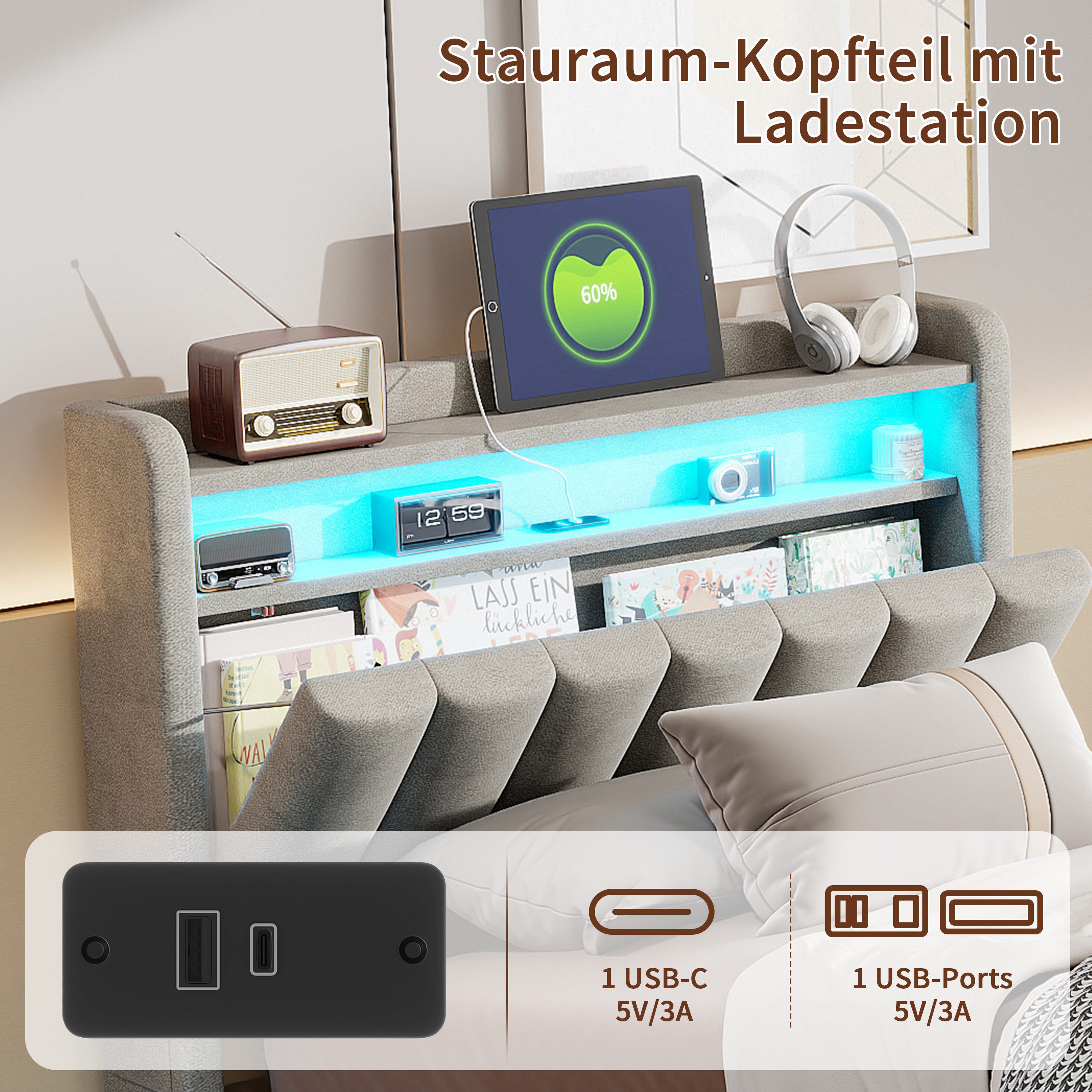 Simurq Polsterbett Samtbett mit Bettkasten 90x200, Einzelbett, Jugendbett, Luxuriöses Samtbett mit Stauraum, Mit Lattenrost, USB Port & LED