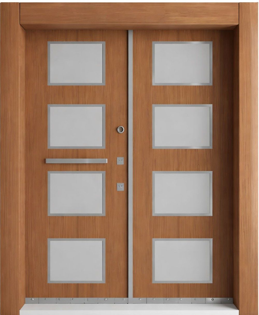 Xlmoebel Haustür Braune Designer-Eingangstür aus Holz und Stahl mit Milchglas, Made in Europa