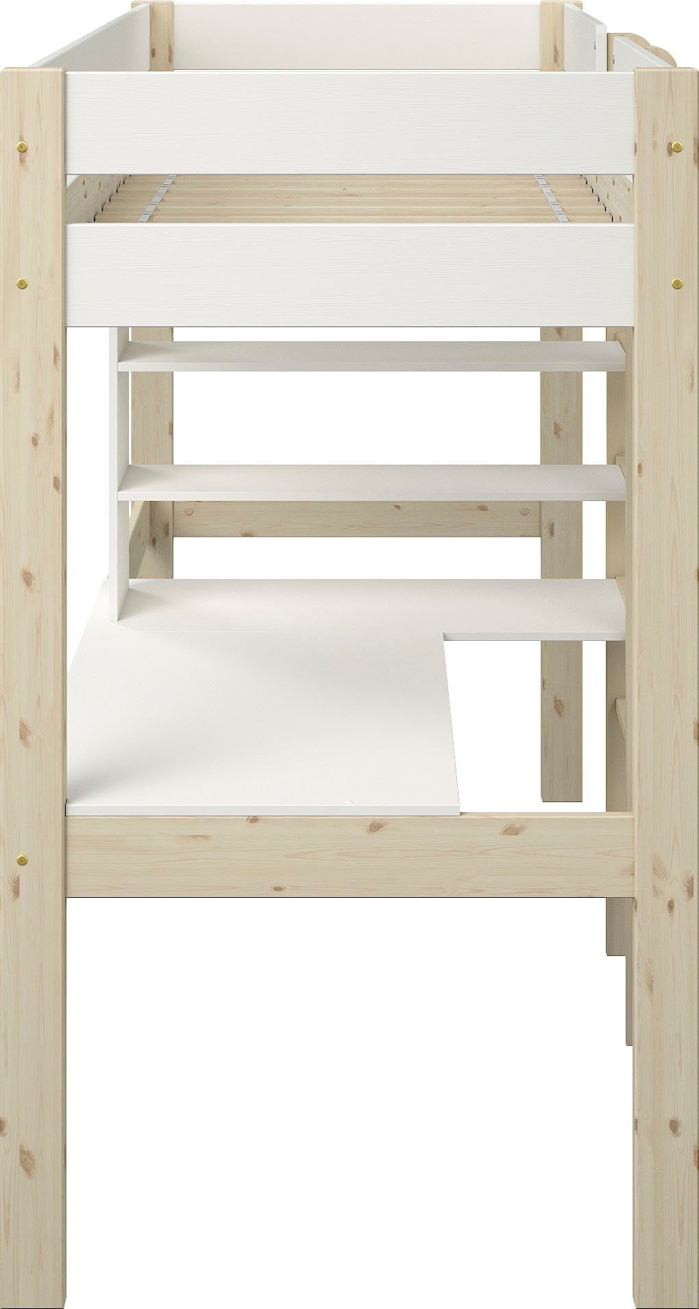 Lüttenhütt Hochbett Stockbett zertifiziertes mit weiß/natur Schreibtisch Regalen Massivholz "ROBIN " und
