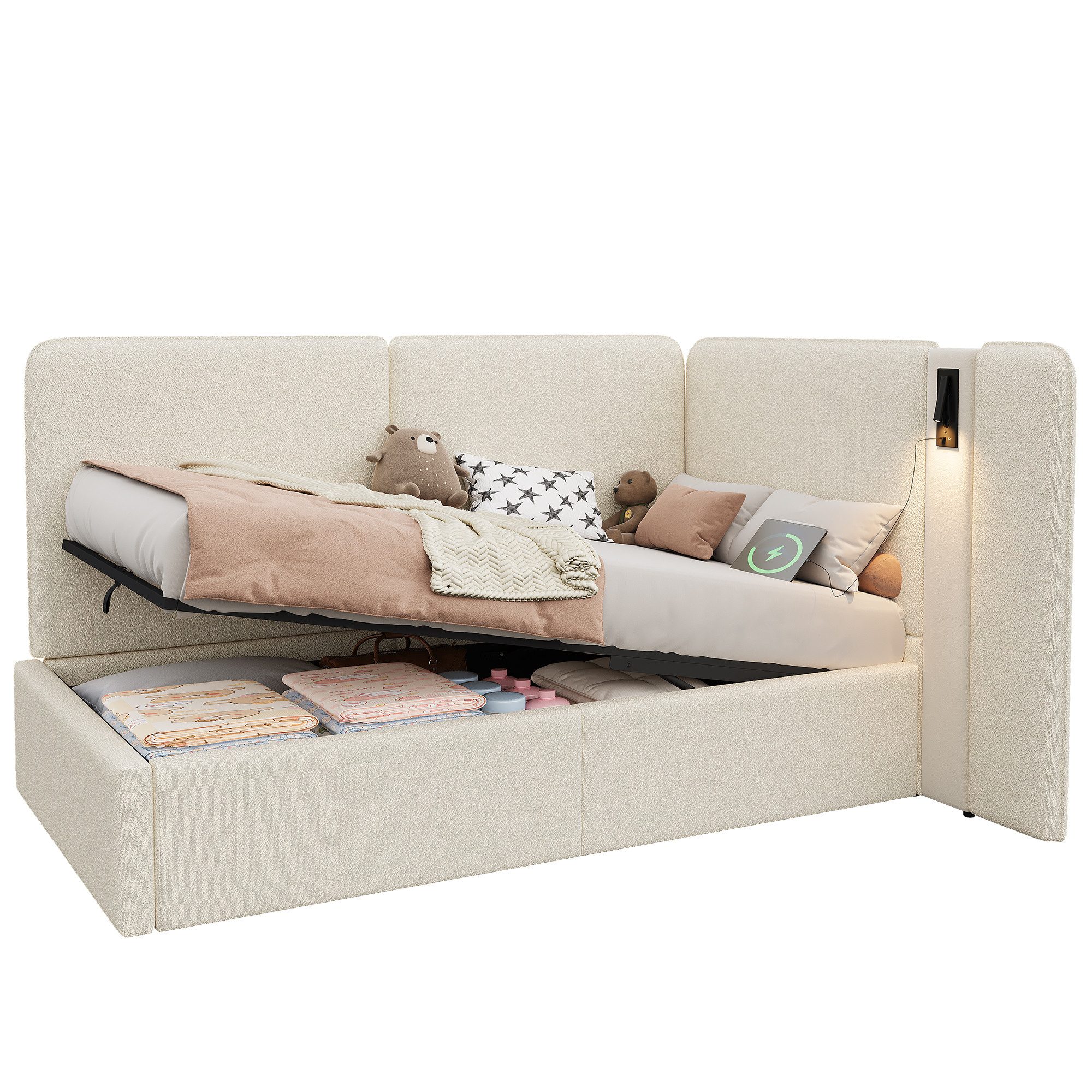REDOM Polsterbett 90x200 cm mit USB- und Type-C-Anschlüssen (Packung, 1-tlg., Hydraulik-Stauraum, Leselampe inklusive, als Tagesbett), Ideal als Sofabett & Gästebett mit Komfort(ohne Matratze)