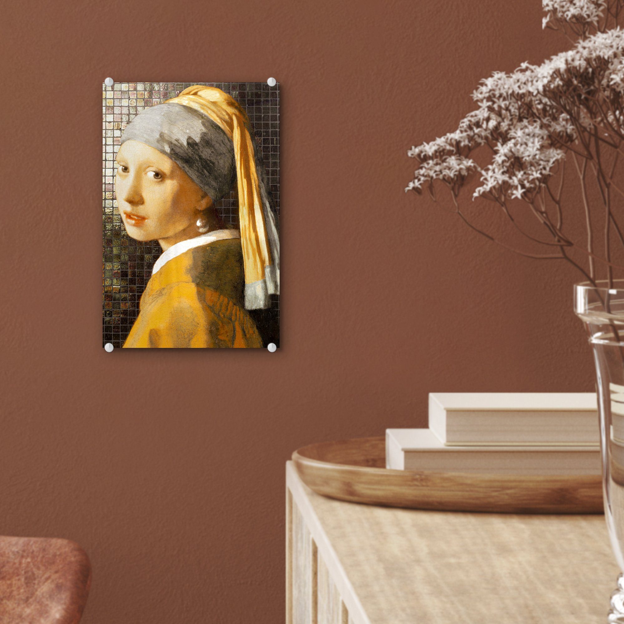 MuchoWow Acrylglasbild Mädchen mit St), - Glas Wandbild auf Bilder Perlenohrring Glas - Glasbilder Foto Mosaik, (1 Vermeer Johannes - Wanddekoration - auf 