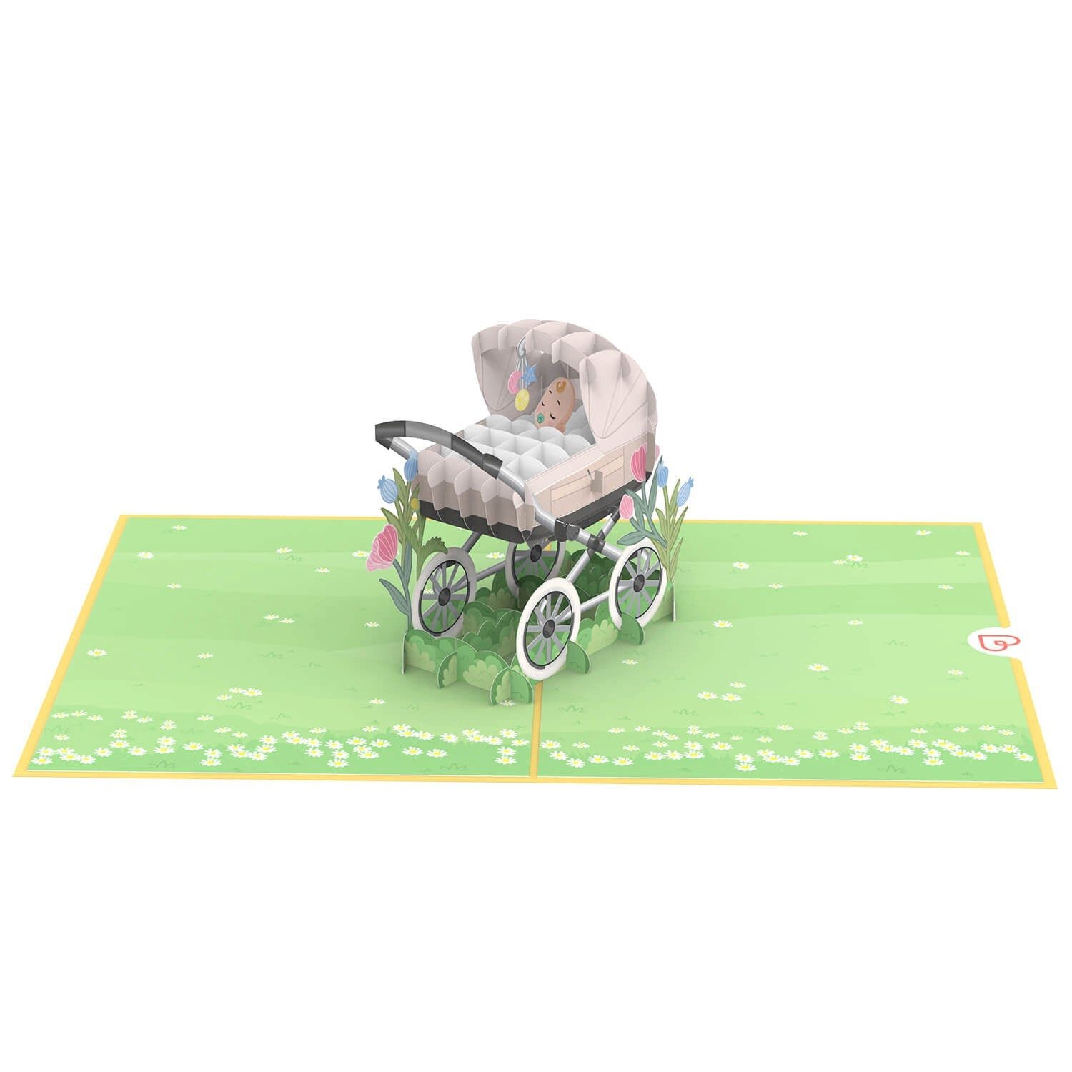 papercrush Geburtskarte Kinderwagen mit Baby, Pop-Up Karte zur Geburt von Mädchen oder Jungen, Handgemacht