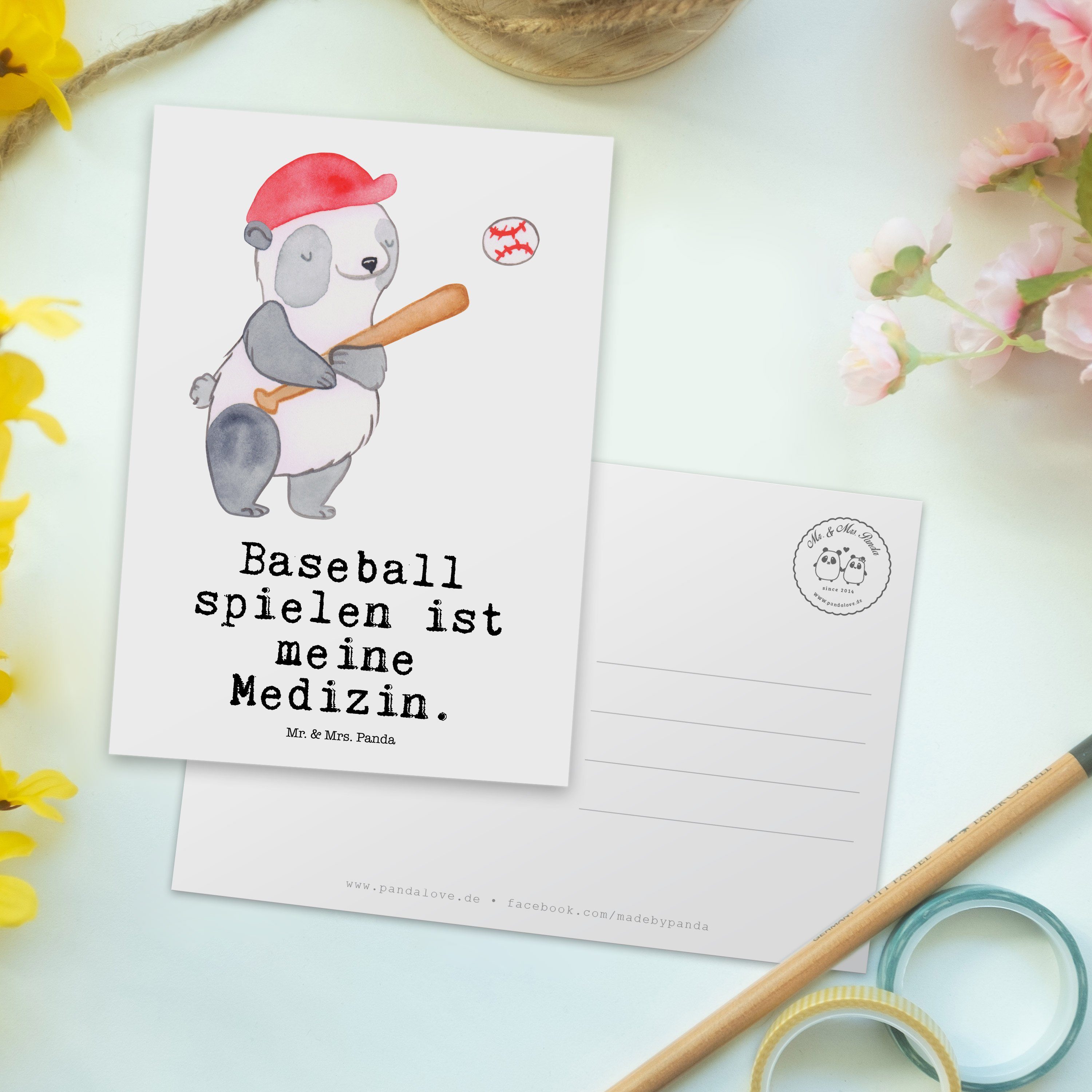 Panda & spielen Mrs. Medizin Postkarte Baseball Mr. - Weiß Gruß Geschenkkarte, Panda - Geschenk,