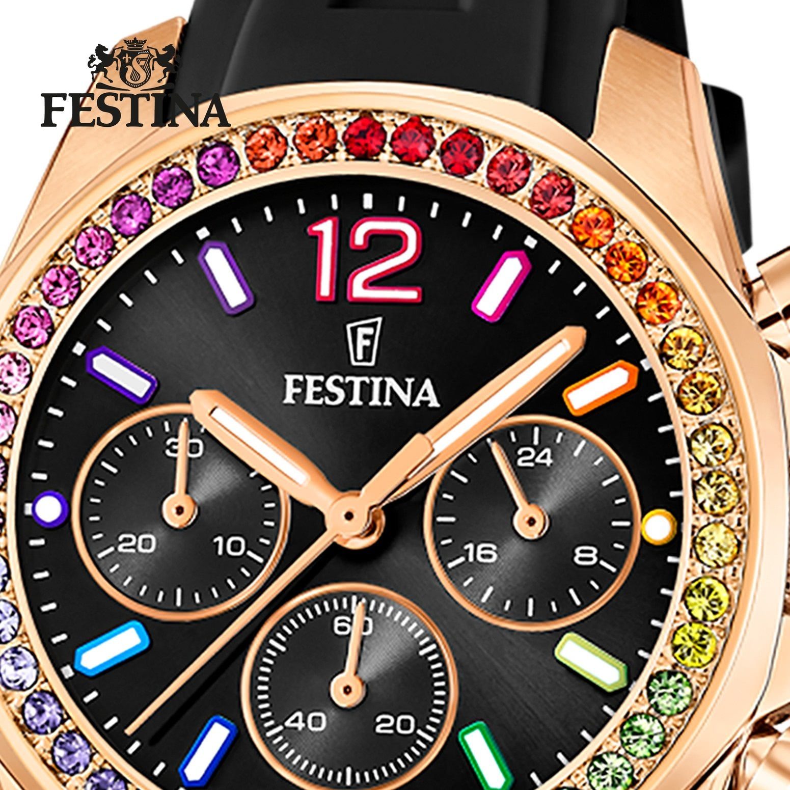 Festina Quarzuhr Festina Damenuhr Boyfriend, (Analoguhr), Damen Armbanduhr rund, Silikonarmband schwarz, Casual