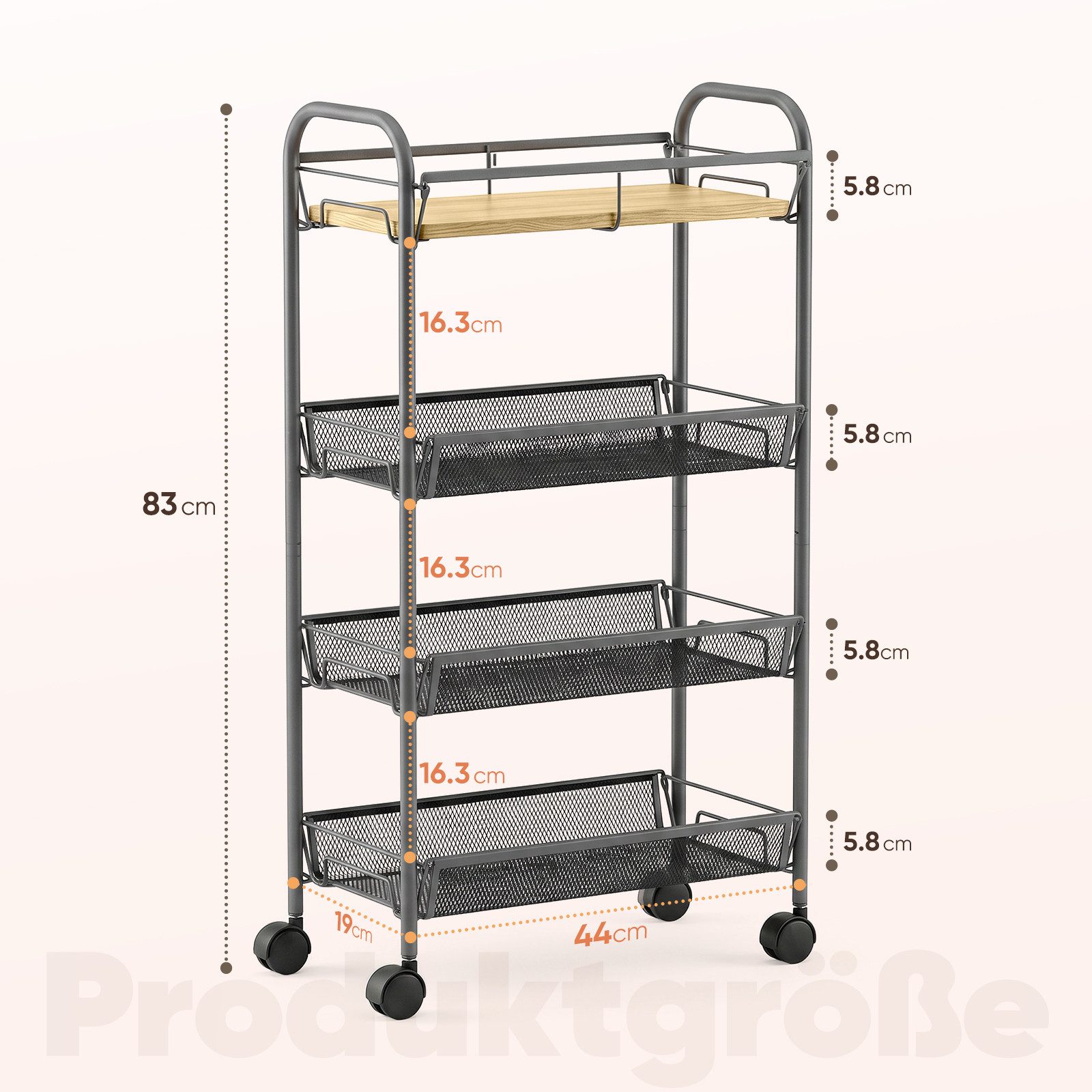 Sekey Beistellwagen Küchenwagen schmal Nischenregal mit Rollen 20cm breit Rollwagen schmal, Regalwagen mit Rollen, 43,8x19x83cm Aufbewahrungswagen