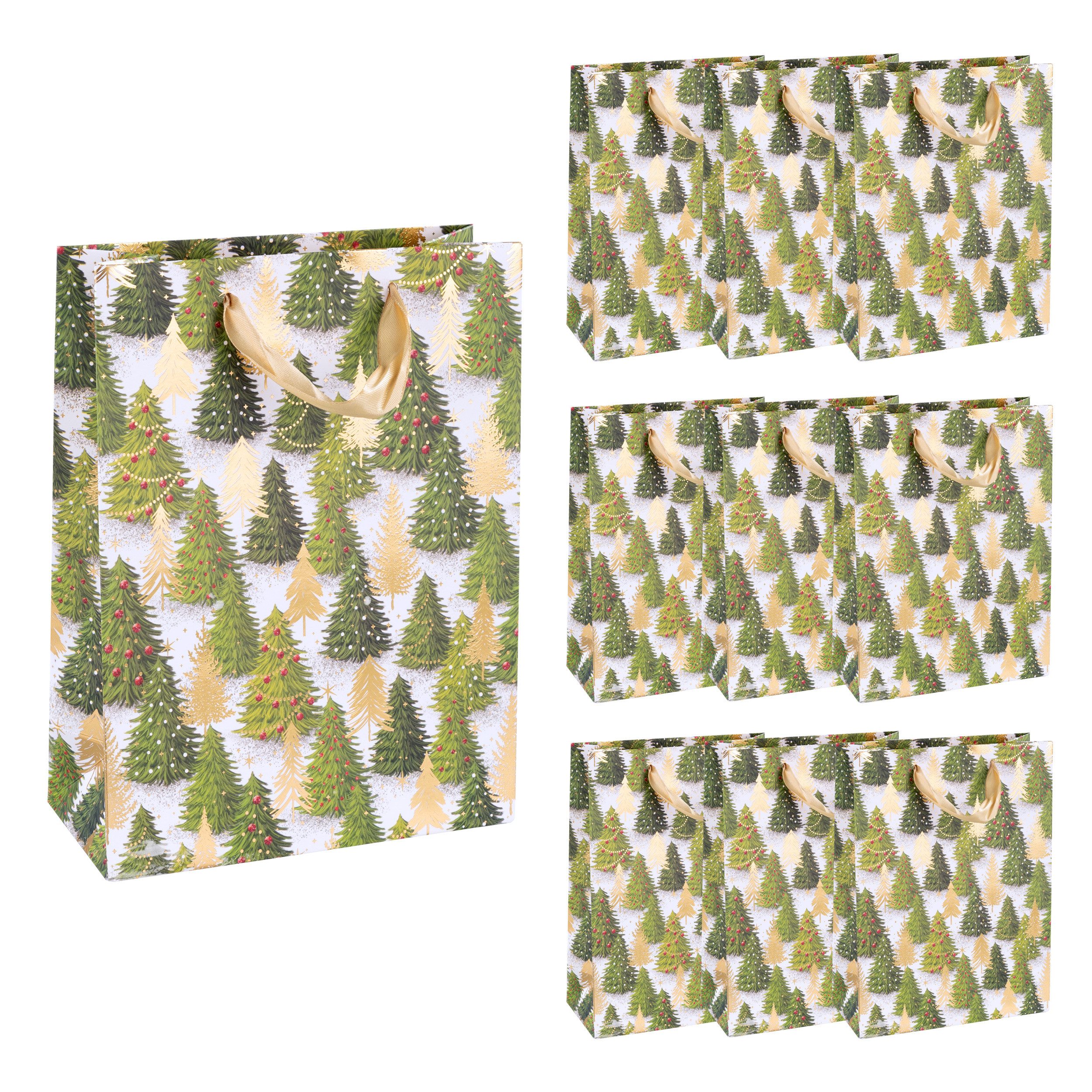 Idena Geschenkpapier Idena Bundle Geschenktaschen Tanne grün/gold 34,5x25x8,5cm 10 Stück
