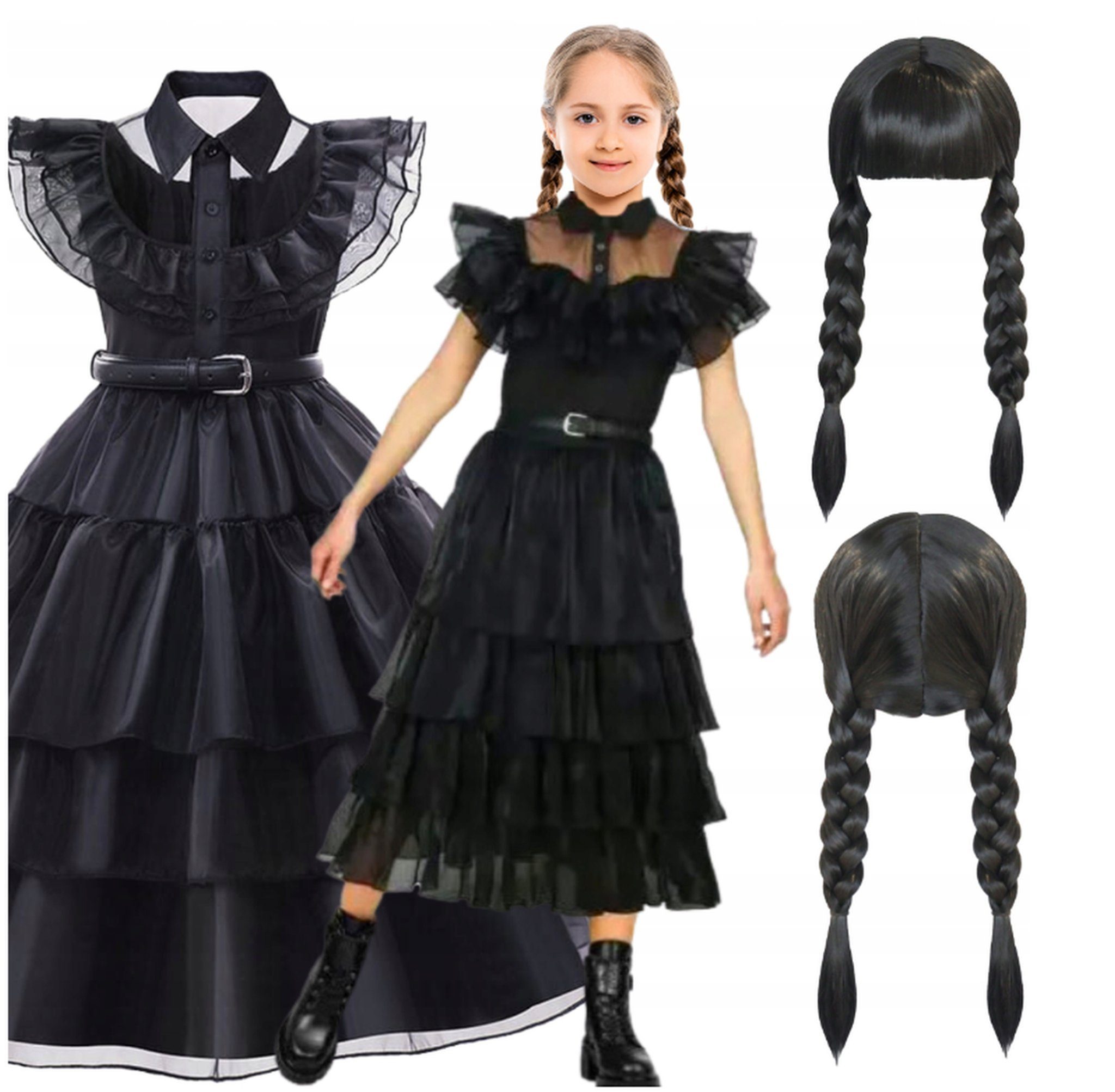 Festivalartikel Kostüm Wednesday Addams Kostüm Verkleidung Girl Schwarz Black Kleid + Perücke