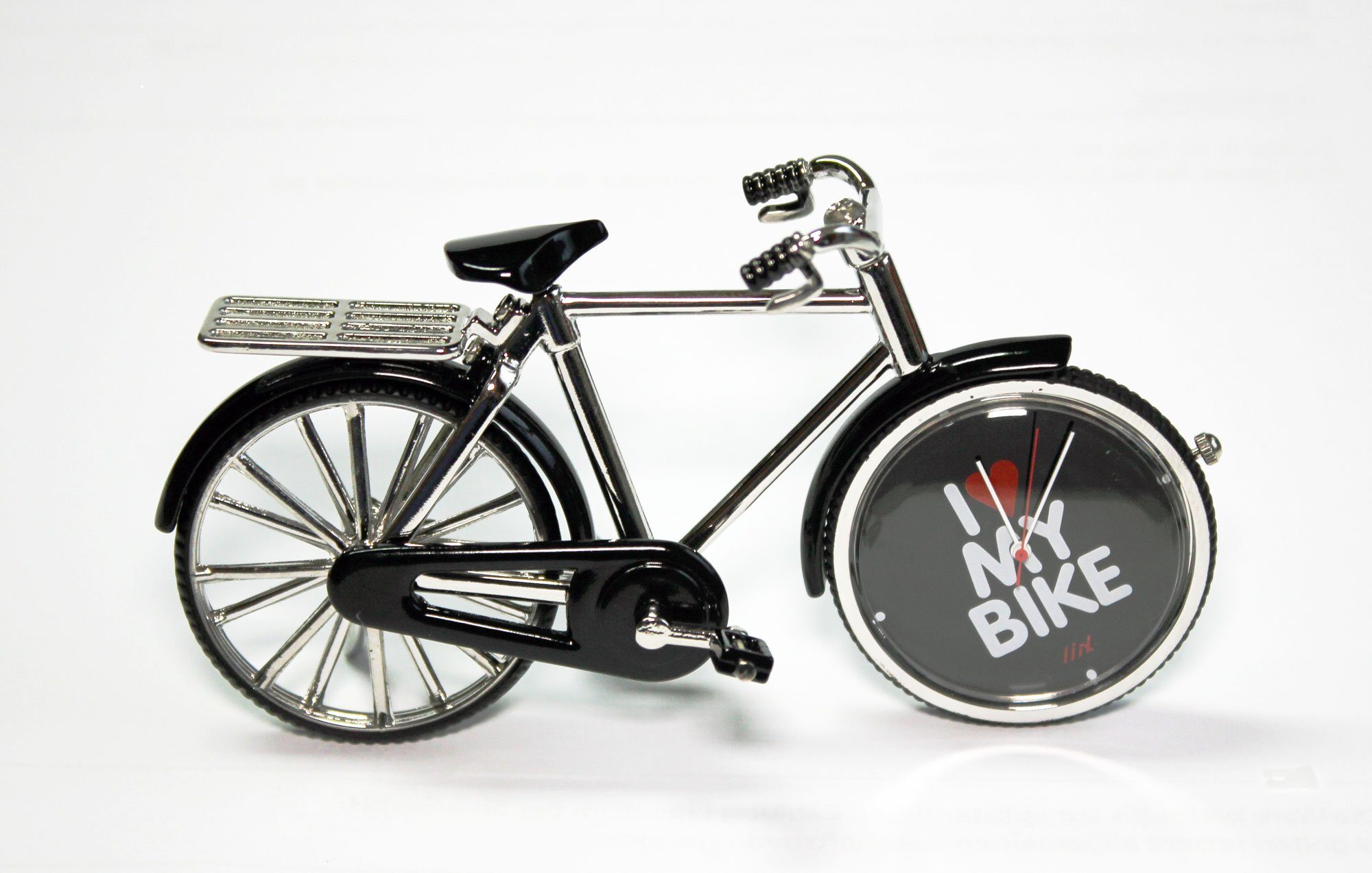 Clockee Tischuhr Designer Tischuhr Fahrrad "I LOVE MY BIKE" schwarz aus Metall