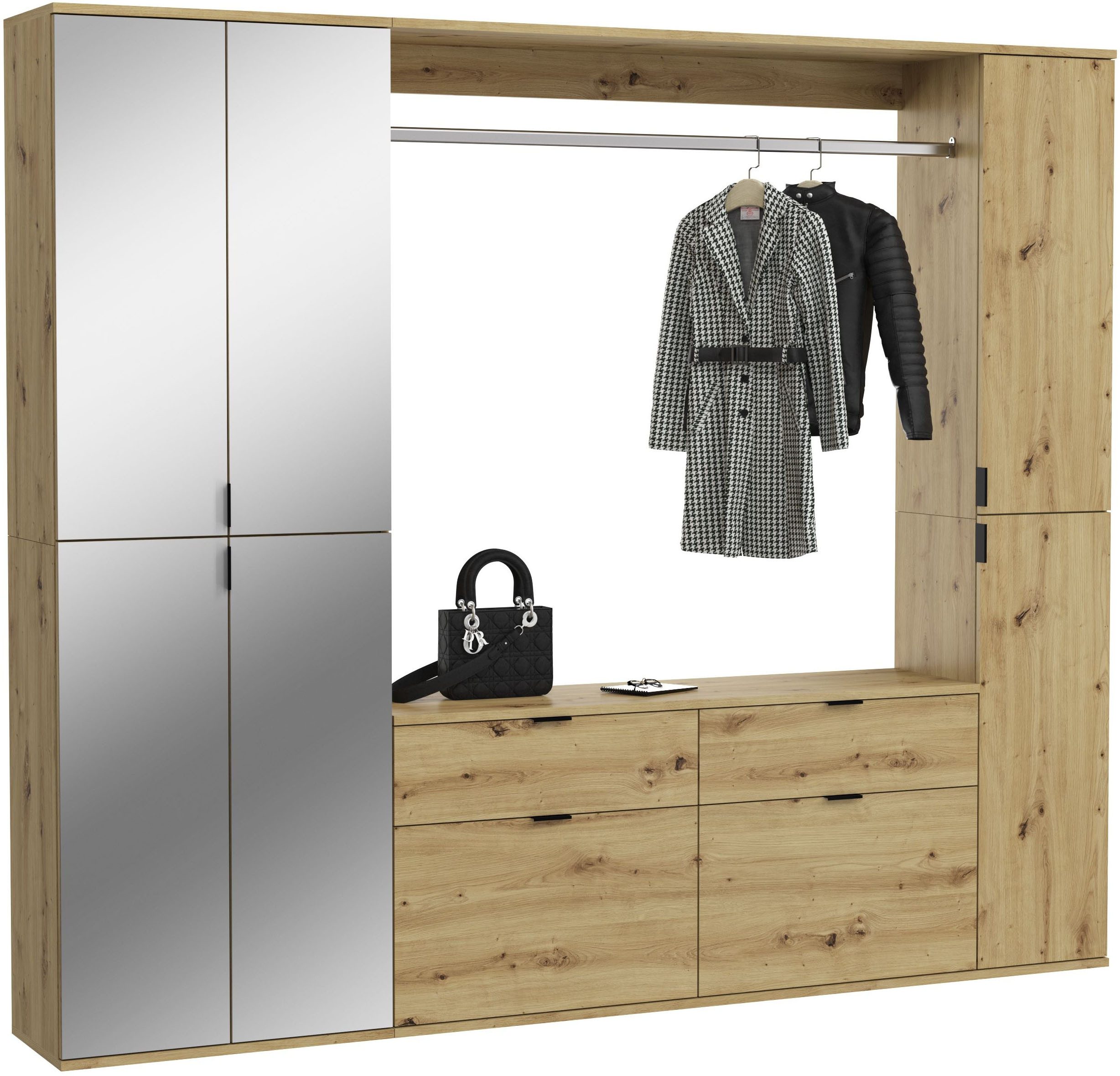 Home affaire Garderoben-Set TRONDHEIM, 5-teilig, Breite 212cm, individuell platzier- & erweiterbar, (Set, 4-St., bestehend aus: 2x Garderobenschrank & 3-tlgs. Zwischenbauelement), Garderobenschrank, Kleiderschrank, Schrankkombination, Garderobe