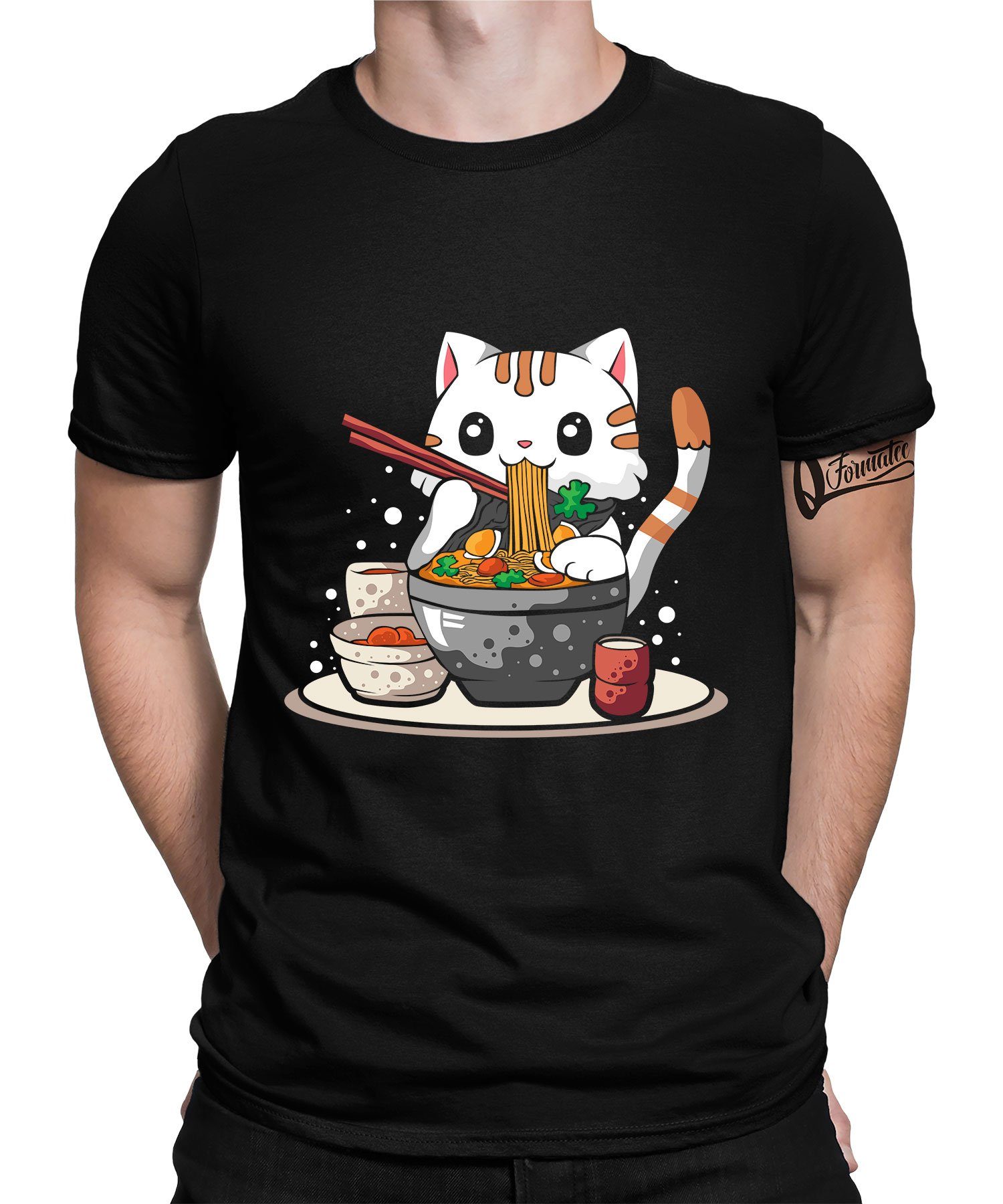 Quattro Formatee Kurzarmshirt Japanische Anime Katze Ramen Nudeln Japan Herren T-Shirt (1-tlg) Schwarz