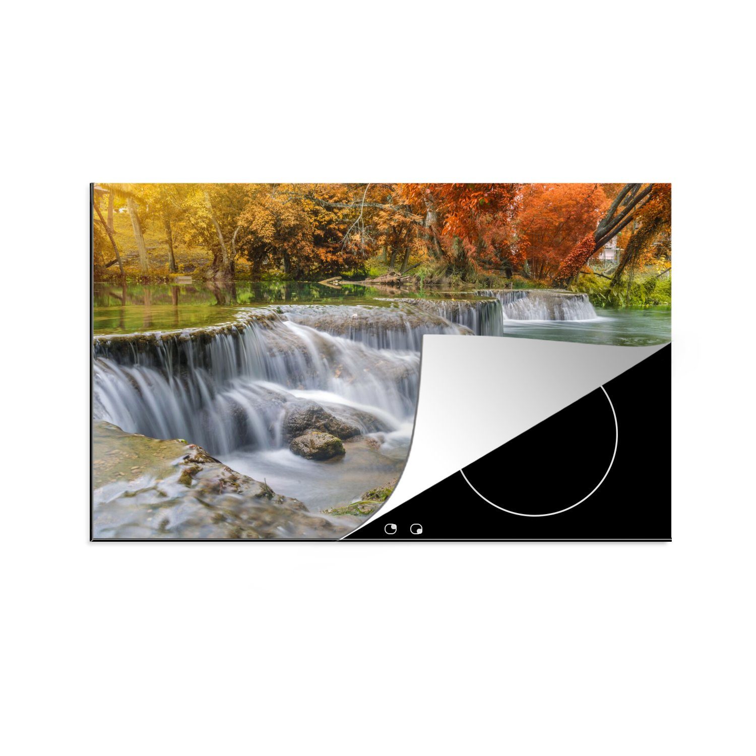 MuchoWow Herdblende-/Abdeckplatte Herbst - Wasserfall - Natur - Bäume, Vinyl, (1 tlg), 80x52 cm, Induktionskochfeld Schutz für die küche, Ceranfeldabdeckung