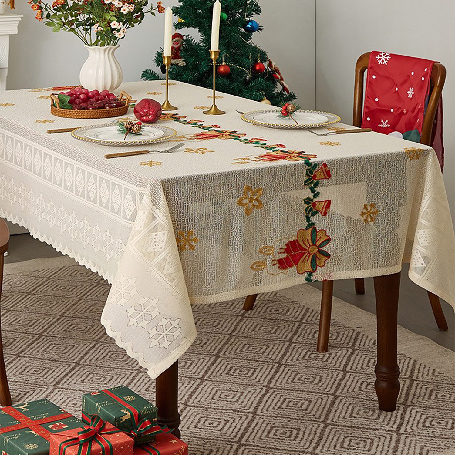 Refttenw Tischdecke Weihnachten Tischdecken Vintage Glocken Stickerei Spitz günstig online kaufen