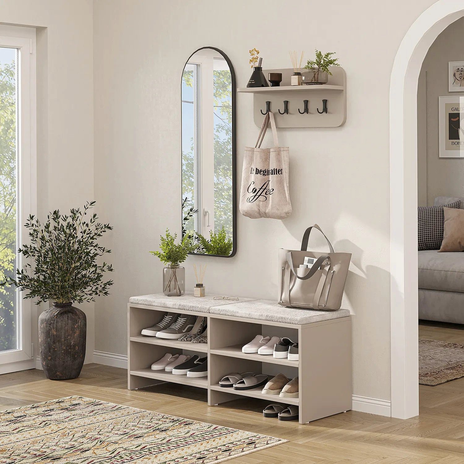 Roomart Garderoben-Set LENA 3-tlg., Schuhbank 120 cm, Wandgarderobe, Bogenspiegel 112 cm, (Komplett-Set, 3-teilig), Sitzbank 120 cm mit 4 Schuhfächern, 4 Doppelhaken, Bogenspiegel 112 cm