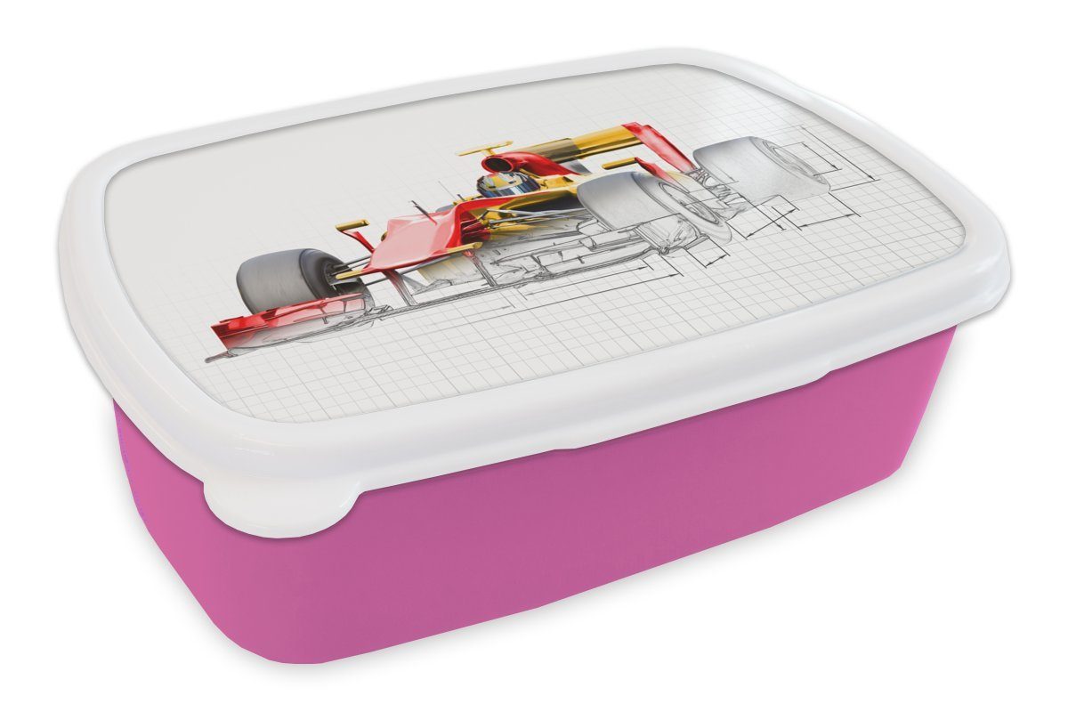 MuchoWow Lunchbox Ein roter Rennwagen aus der Formel 1 in einer Illustration, Kunststoff, (2-tlg), Brotbox für Erwachsene, Brotdose Kinder, Snackbox, Mädchen, Kunststoff rosa