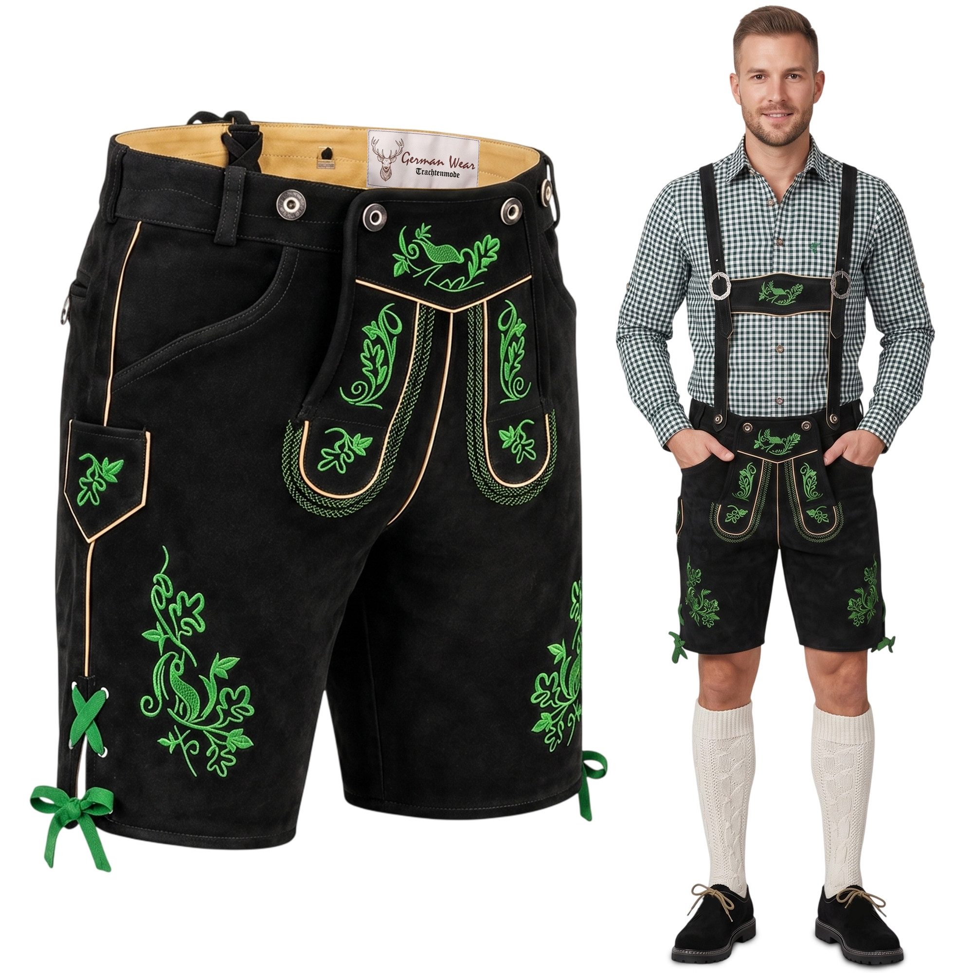 German Wear Trachtenlederhose GW721 kurze Trachten Lederhose mit Hosenträger Trachtenhose Schwarz