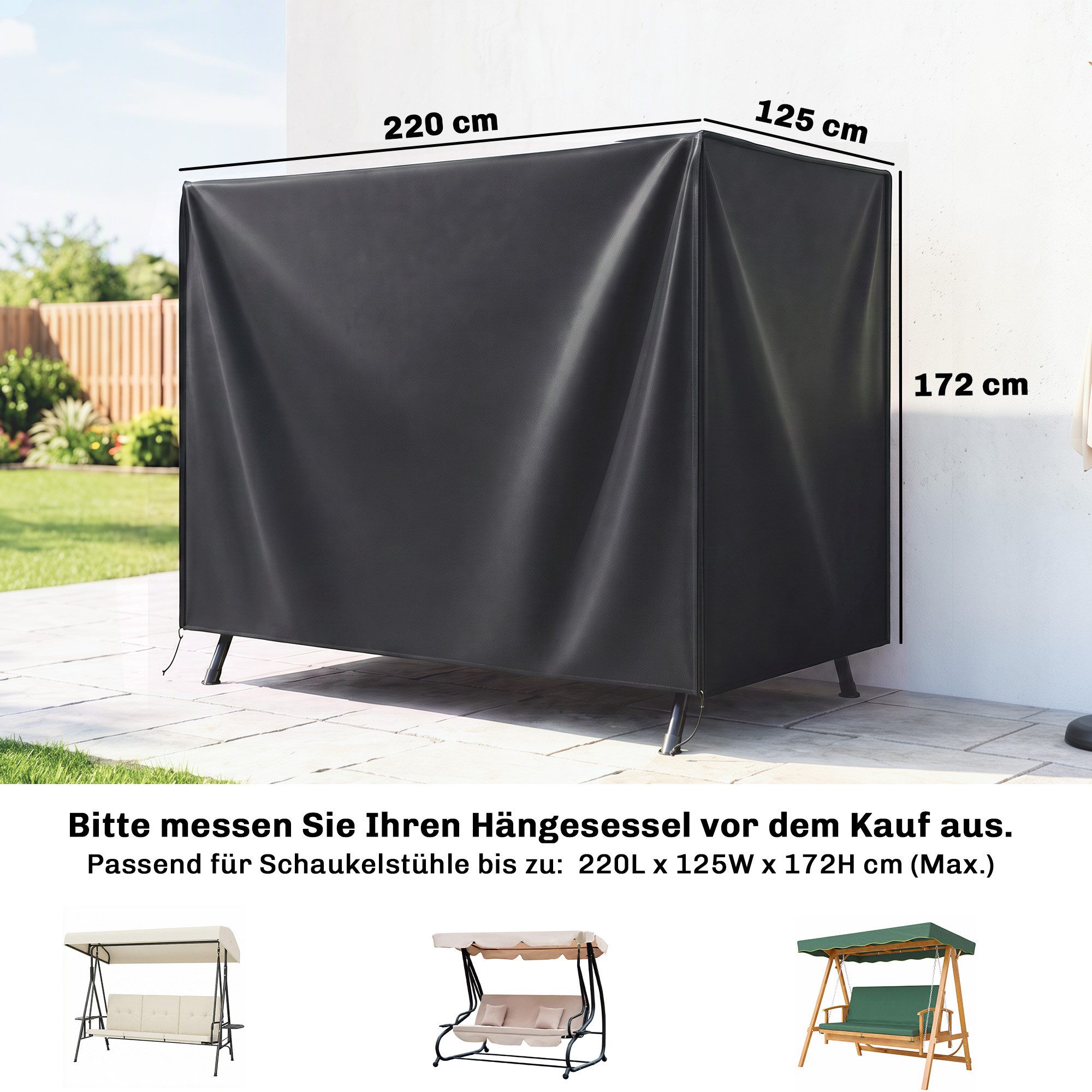 Outsunny Gartenmöbel-Schutzhülle Hollywoodschaukel Abdeckung mit UV-Schutz (Schutzhülle für Gartenschaukel, 1-St., Abdeckhaube), Oxford, Schwarz, 220 x 125 x 17 – Bild 3 von 5