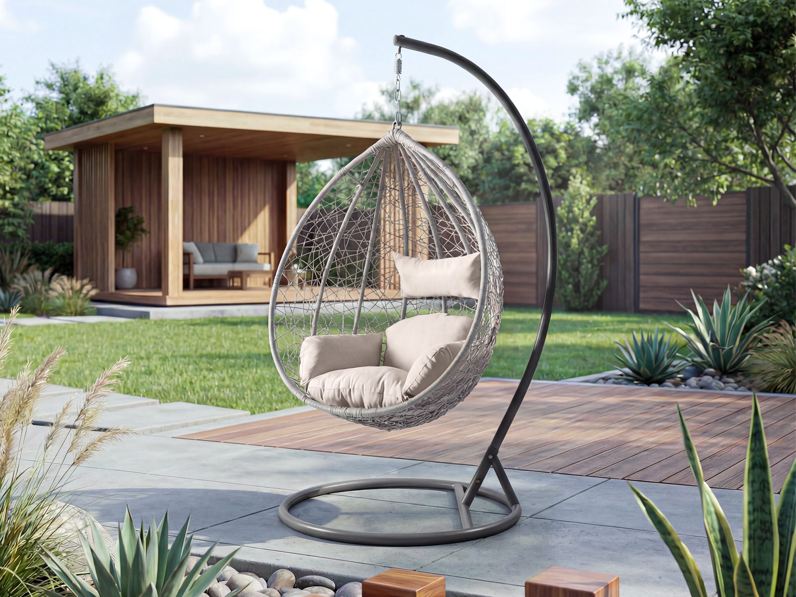 MIRJAN24 Hängesessel Savona (Korb aus Rattan), Metallskelett, Kissen-Set, 106x105x195 cm